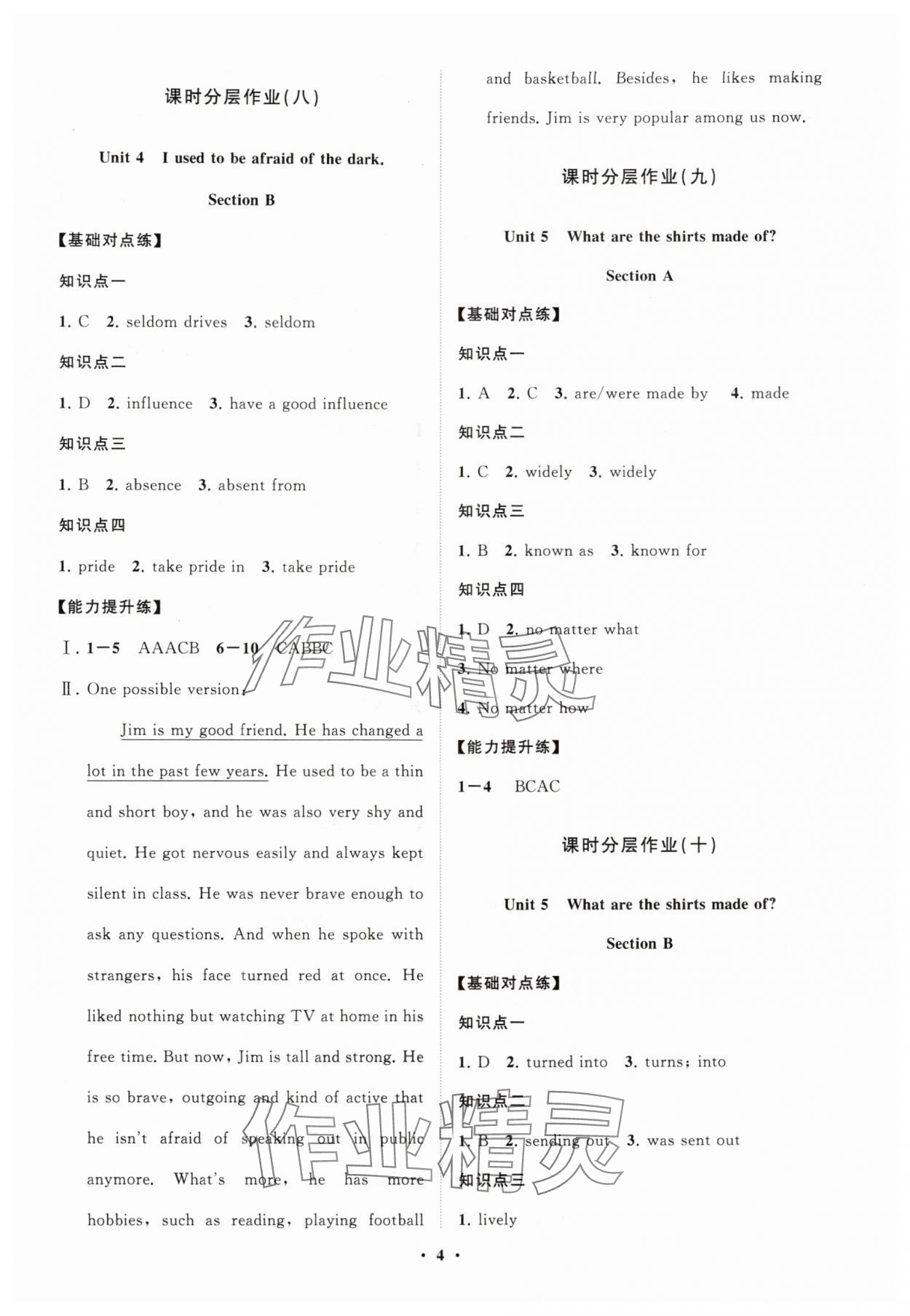 2025年同步練習冊分層卷九年級英語全一冊人教版&nbsp;參考答案第4頁