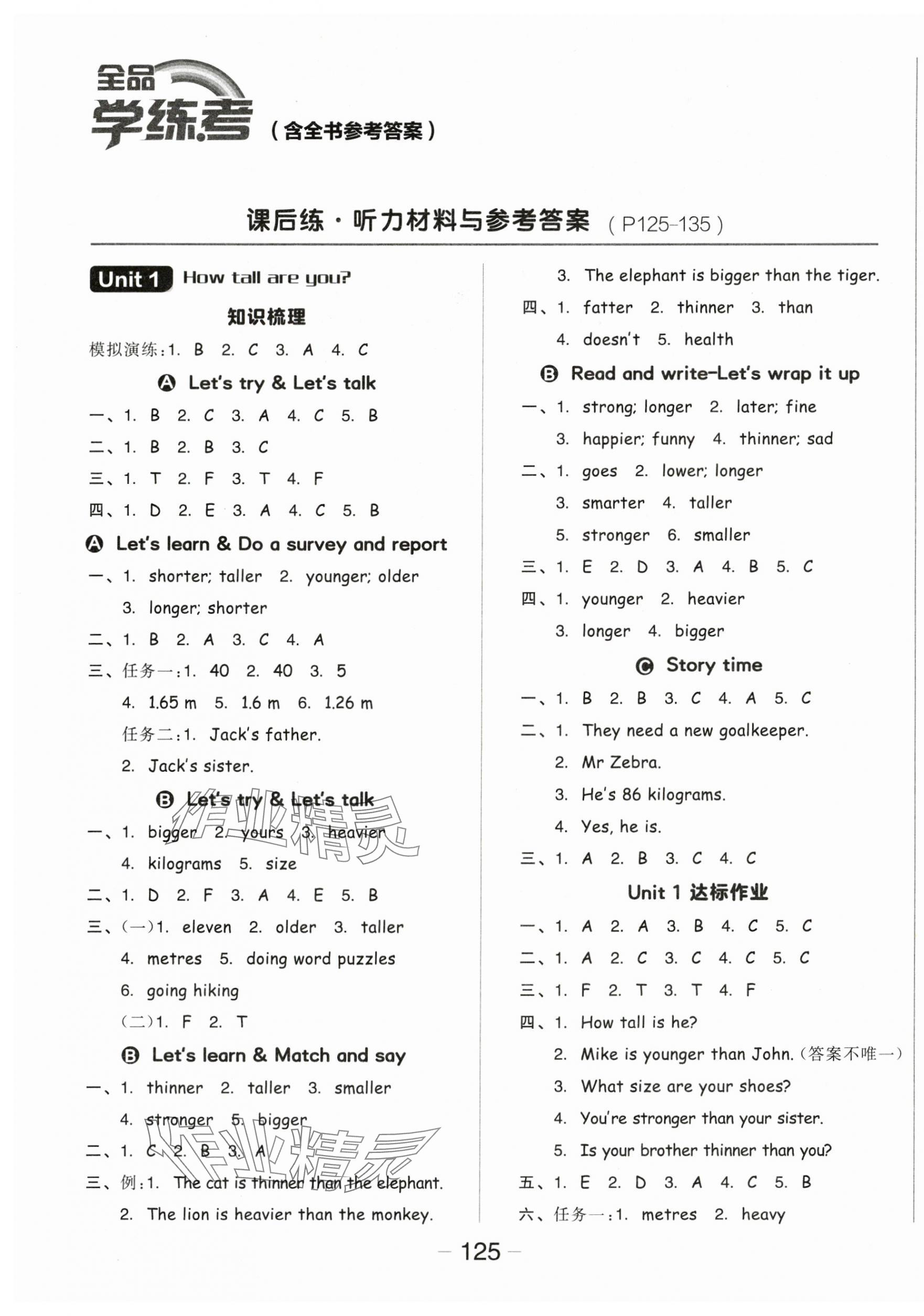 2024年全品學(xué)練考六年級(jí)英語下冊人教版 參考答案第1頁