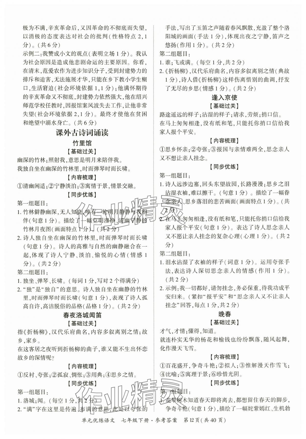 2025年單元優練七年級語文下冊人教版廣州專版 參考答案第12頁