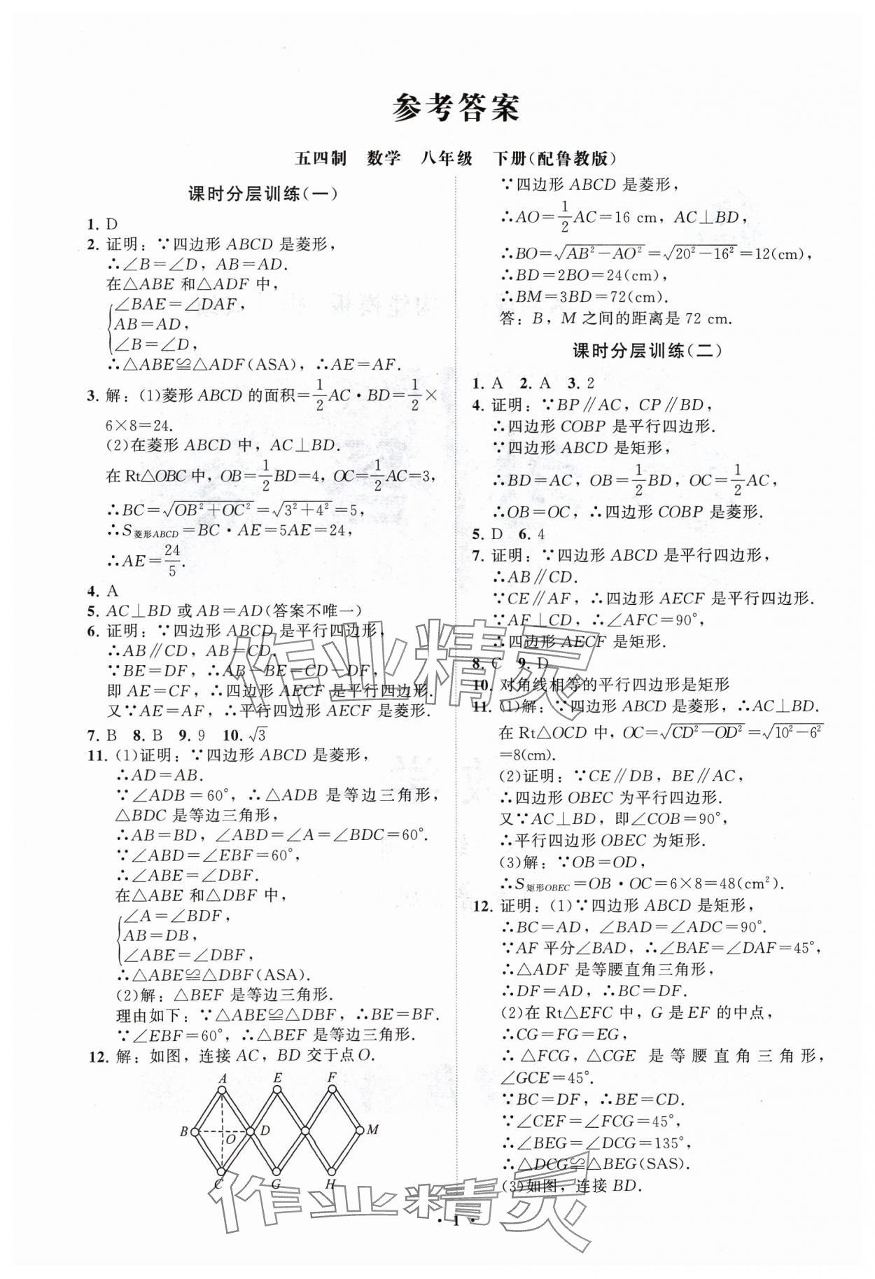 2024年同步練習冊分層卷八年級數(shù)學下冊魯教版54制 參考答案第1頁