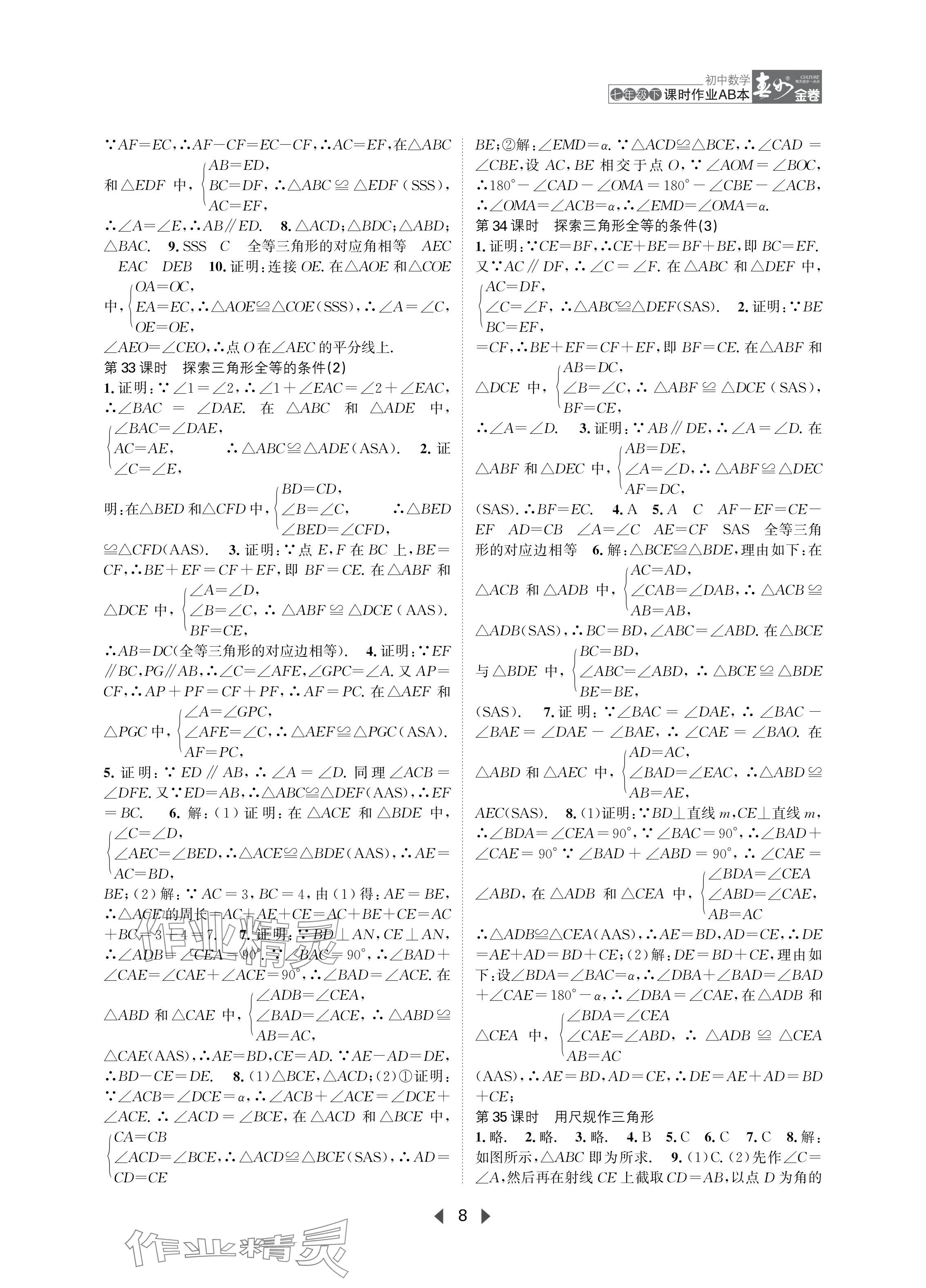 2024年春如金卷課時(shí)作業(yè)AB本七年級數(shù)學(xué)下冊北師大版 參考答案第8頁