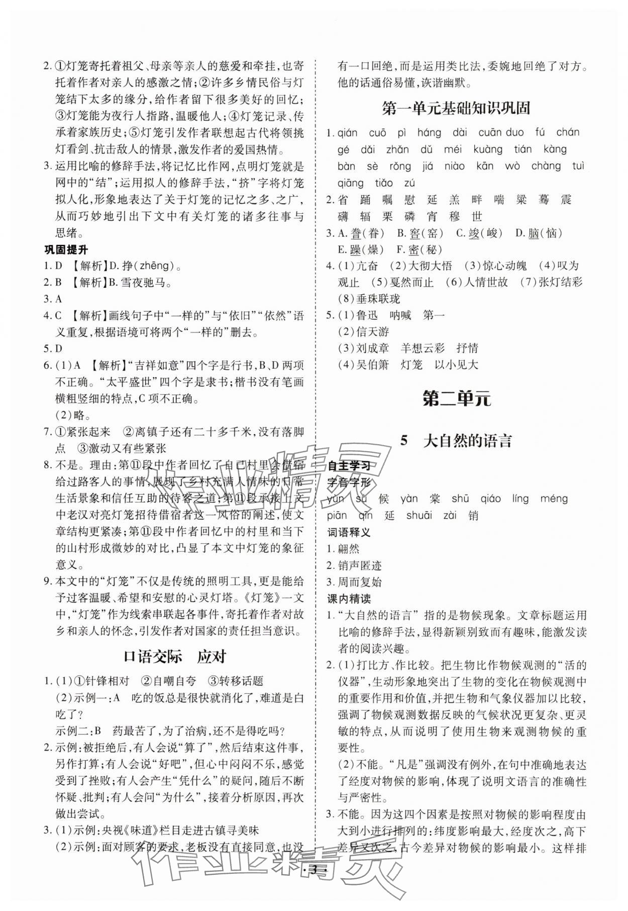 2025年本土攻略八年級語文下冊人教版云南專版 參考答案第3頁