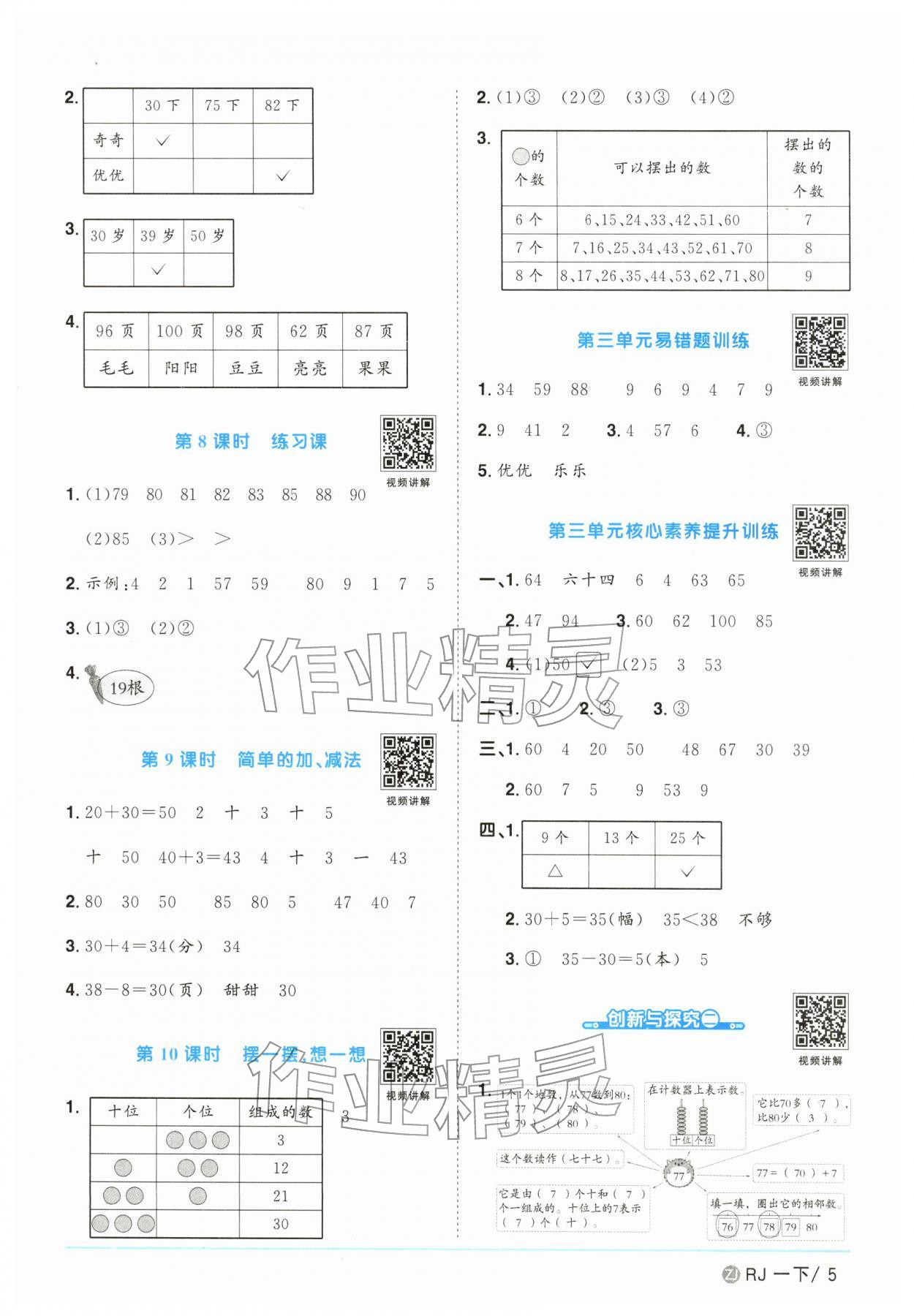 2026年阳光同学课时全优训练一年级数学下册人教版浙江专版&nbsp;参考答案第5页
