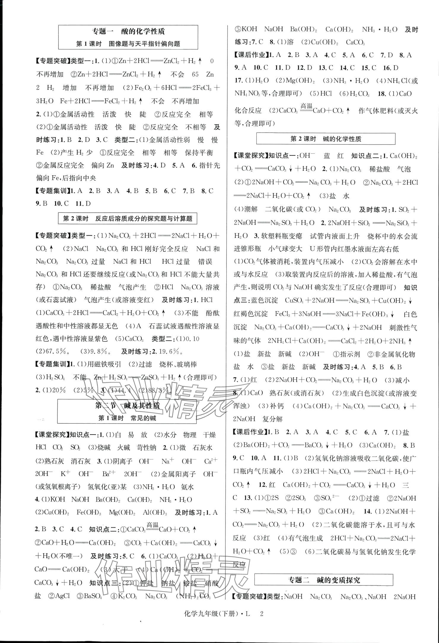 2024年高分突破課時(shí)達(dá)標(biāo)講練測(cè)九年級(jí)化學(xué)下冊(cè)魯教版 參考答案第2頁(yè)