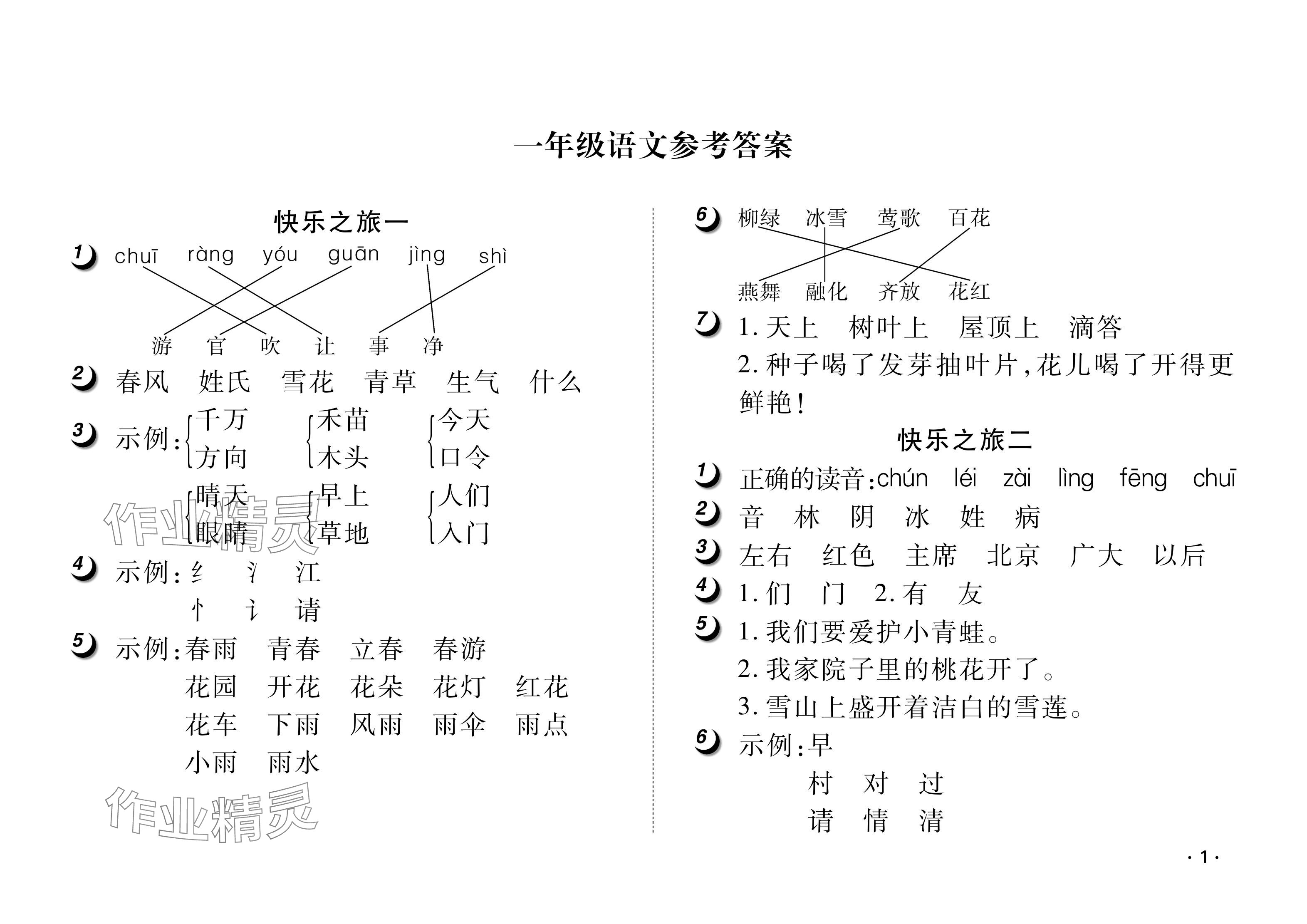 2024年Happy暑假作業(yè)快樂(lè)暑假武漢大學(xué)出版社一年級(jí)語(yǔ)文人教版 參考答案第1頁(yè)