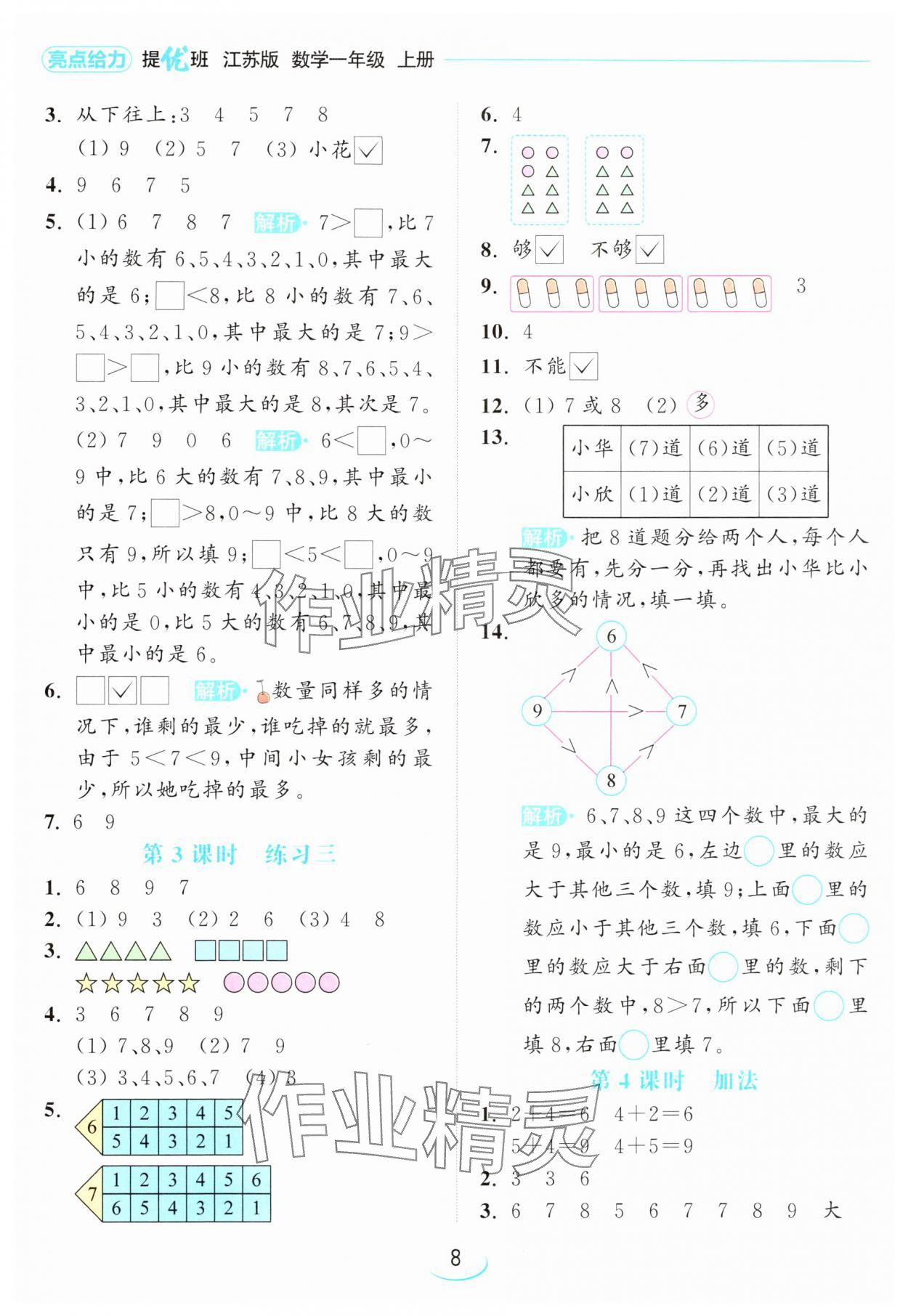 2024年亮点给力提优班一年级数学上册苏教版 参考答案第8页