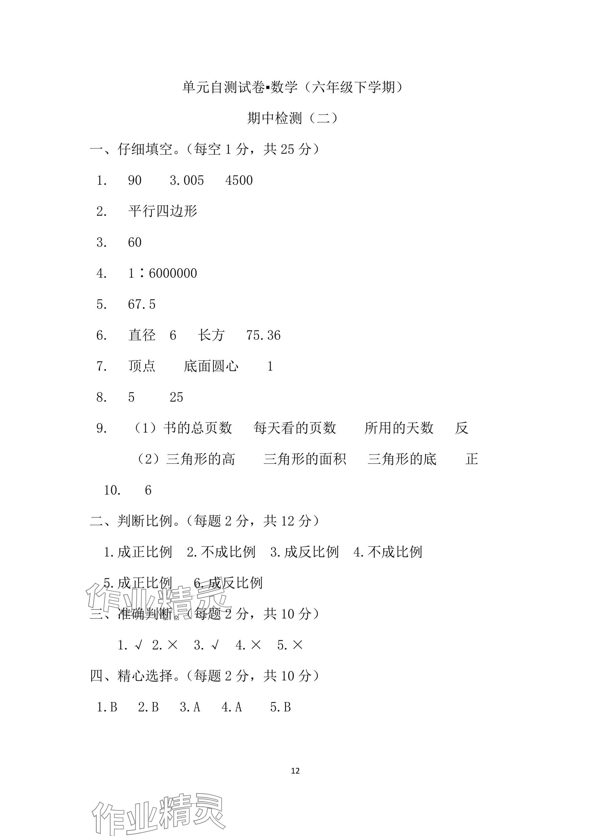 2025年单元自测试卷六年级数学下学期人教版 参考答案第12页