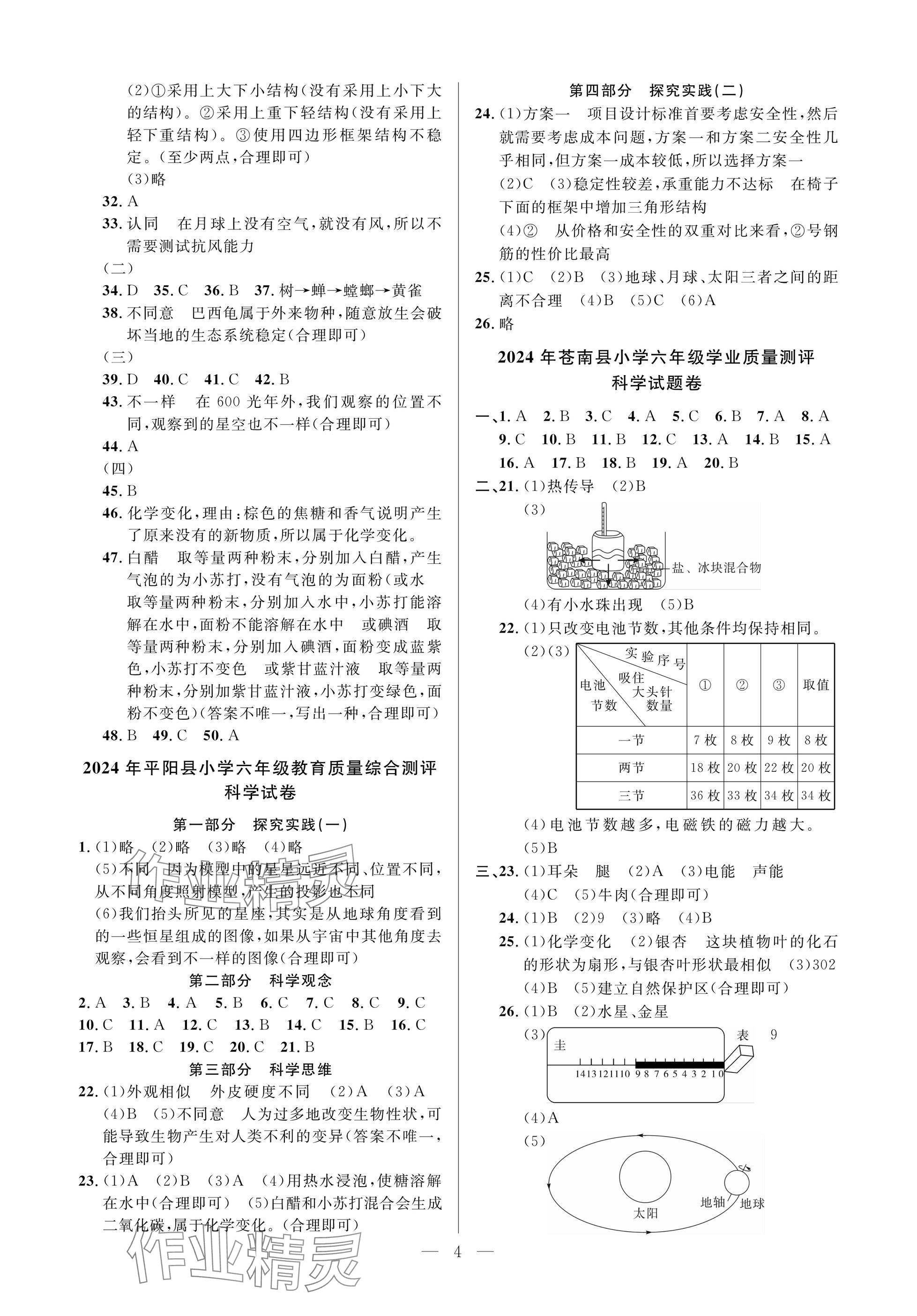 2025年小學畢業特訓卷科學溫州專版 參考答案第4頁