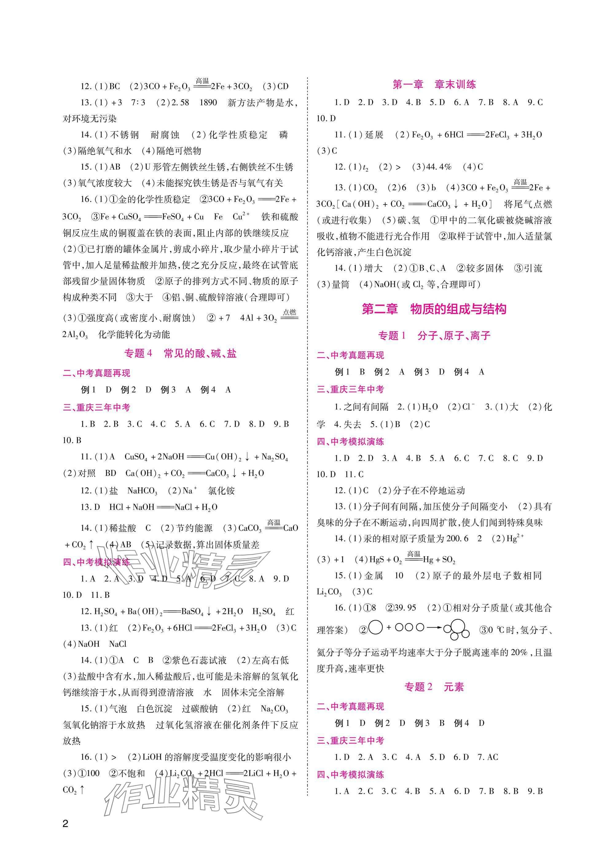 2025年中考总复习重庆出版社化学 参考答案第2页