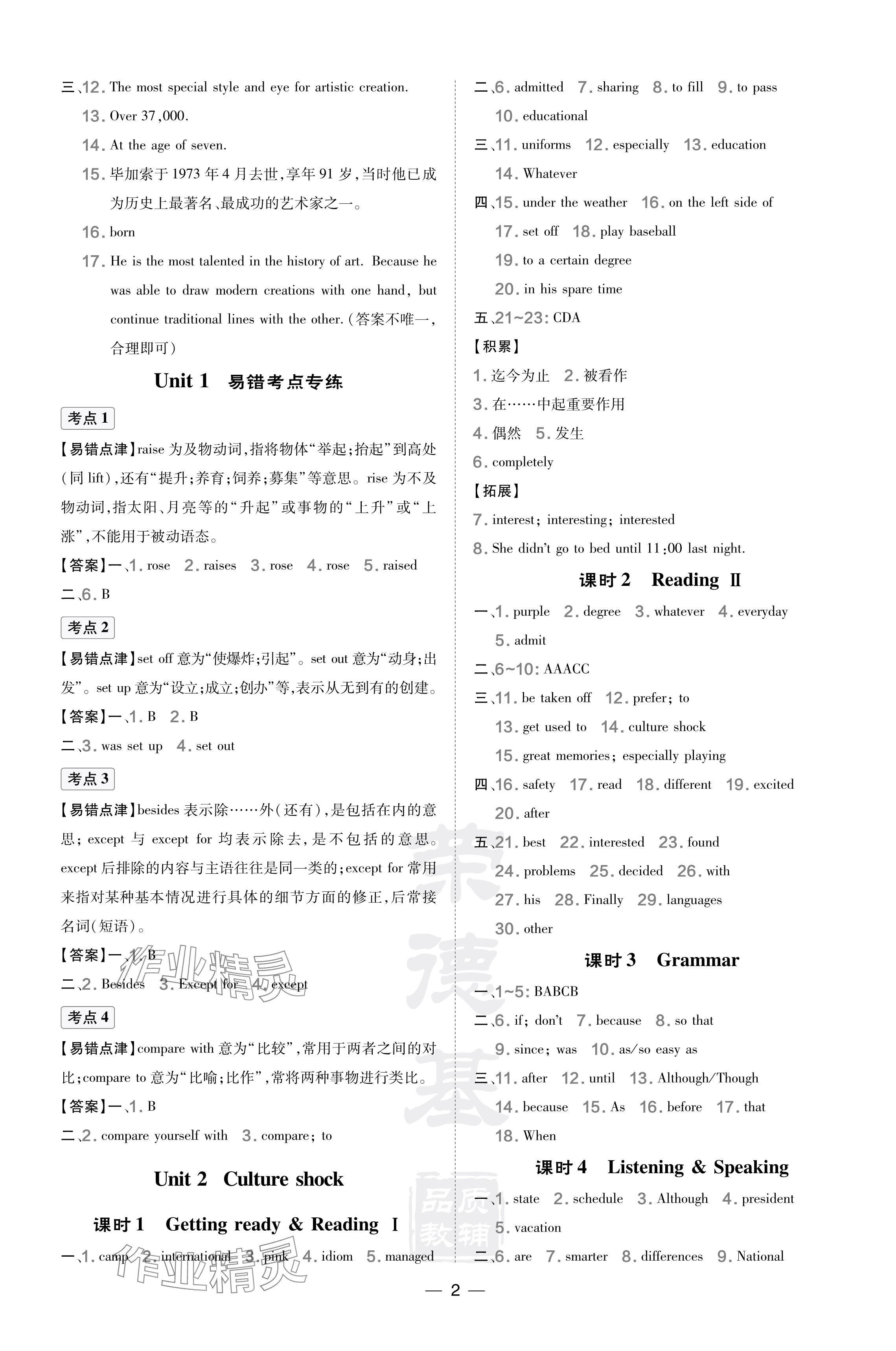 2024年點(diǎn)撥訓(xùn)練九年級(jí)英語下冊(cè)滬教版 參考答案第2頁