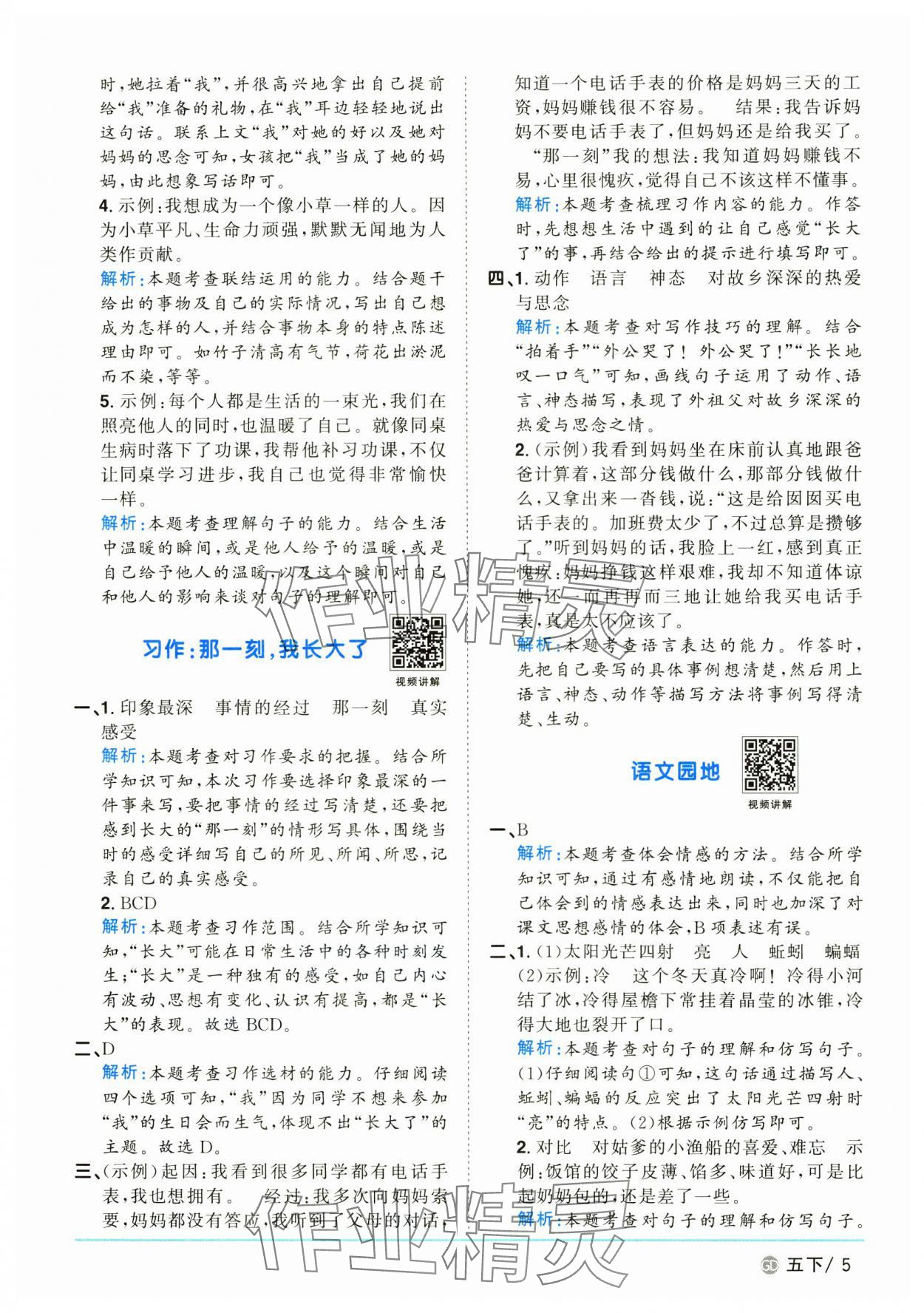 2025年陽光同學課時優(yōu)化作業(yè)五年級語文下冊人教版廣東專版 參考答案第5頁