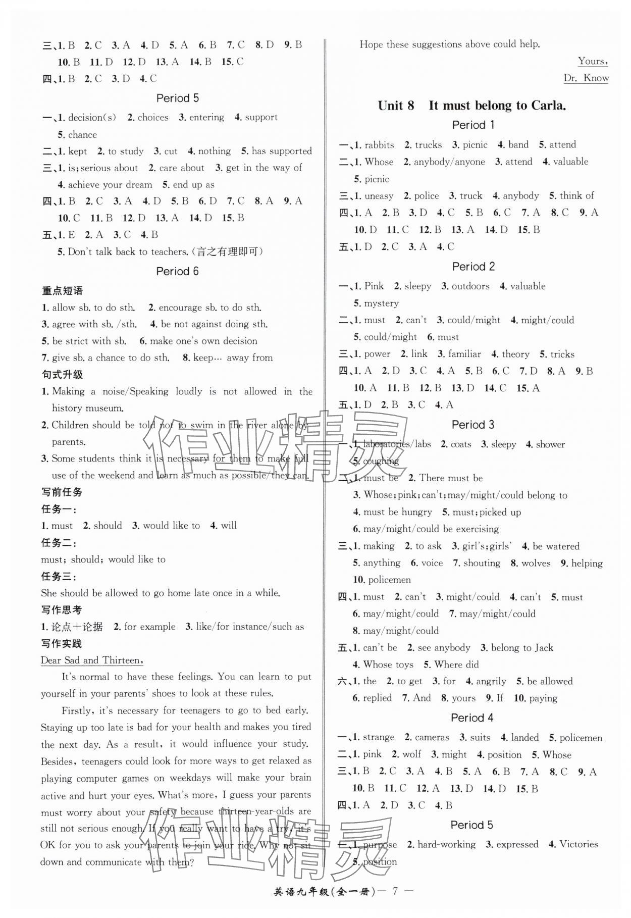 2025年名師金典BFB初中課時優(yōu)化九年級英語全一冊人教版 參考答案第7頁