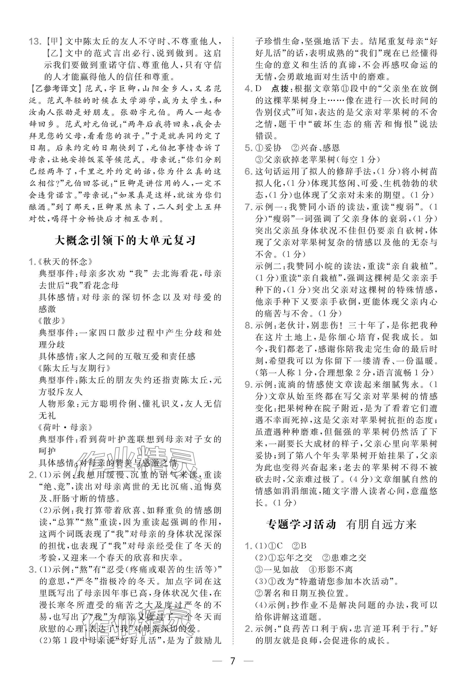 2025年点拨训练七年级语文上册人教版安徽专版 参考答案第7页