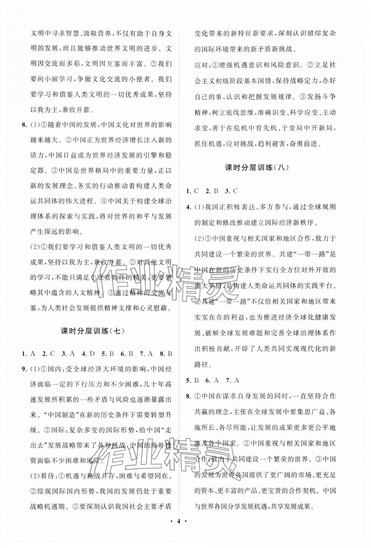 2025年同步練習(xí)冊分層卷九年級(jí)道德與法治下冊人教版 參考答案第4頁