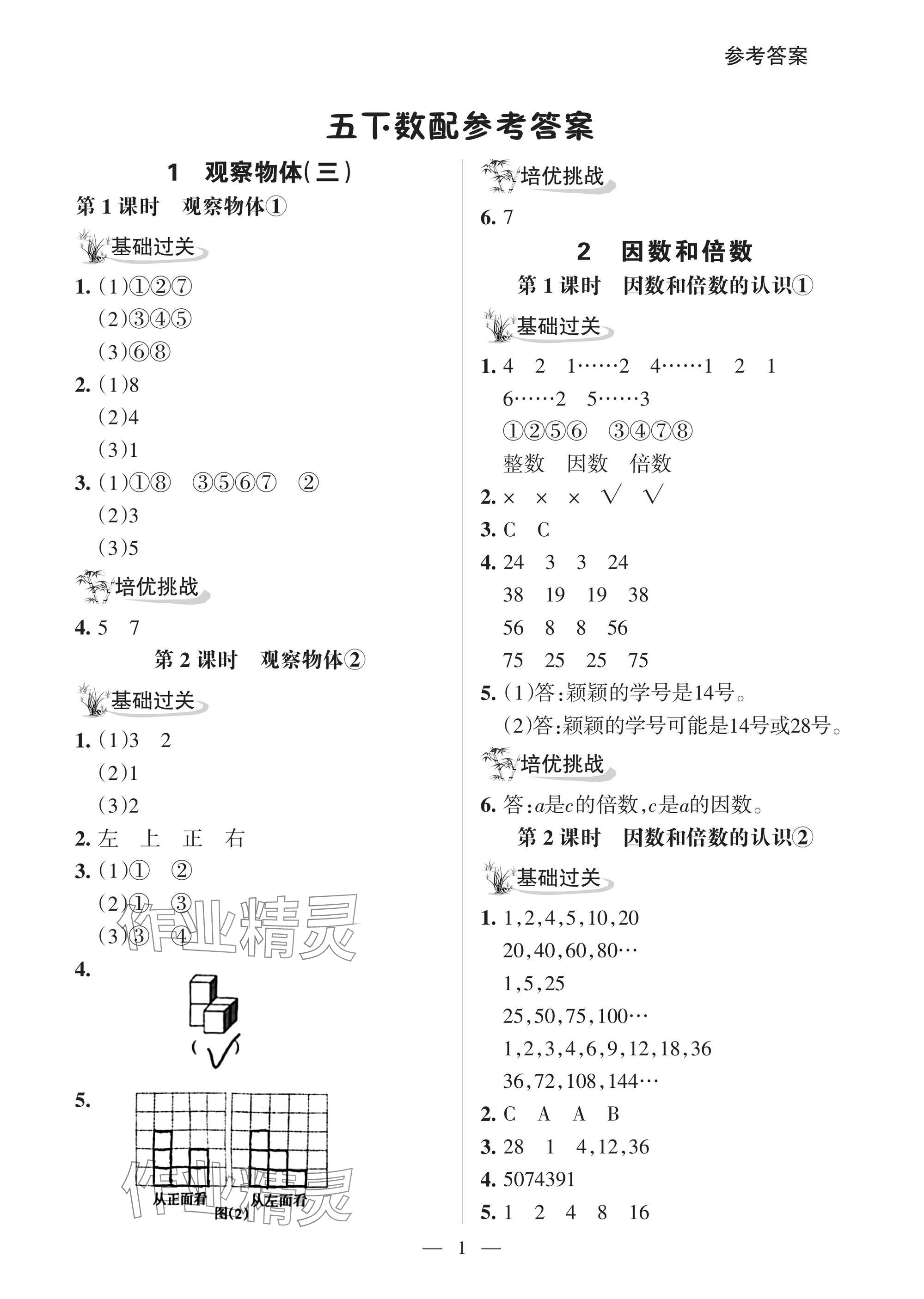 2025年配套練習(xí)與檢測五年級數(shù)學(xué)下冊人教版 參考答案第1頁