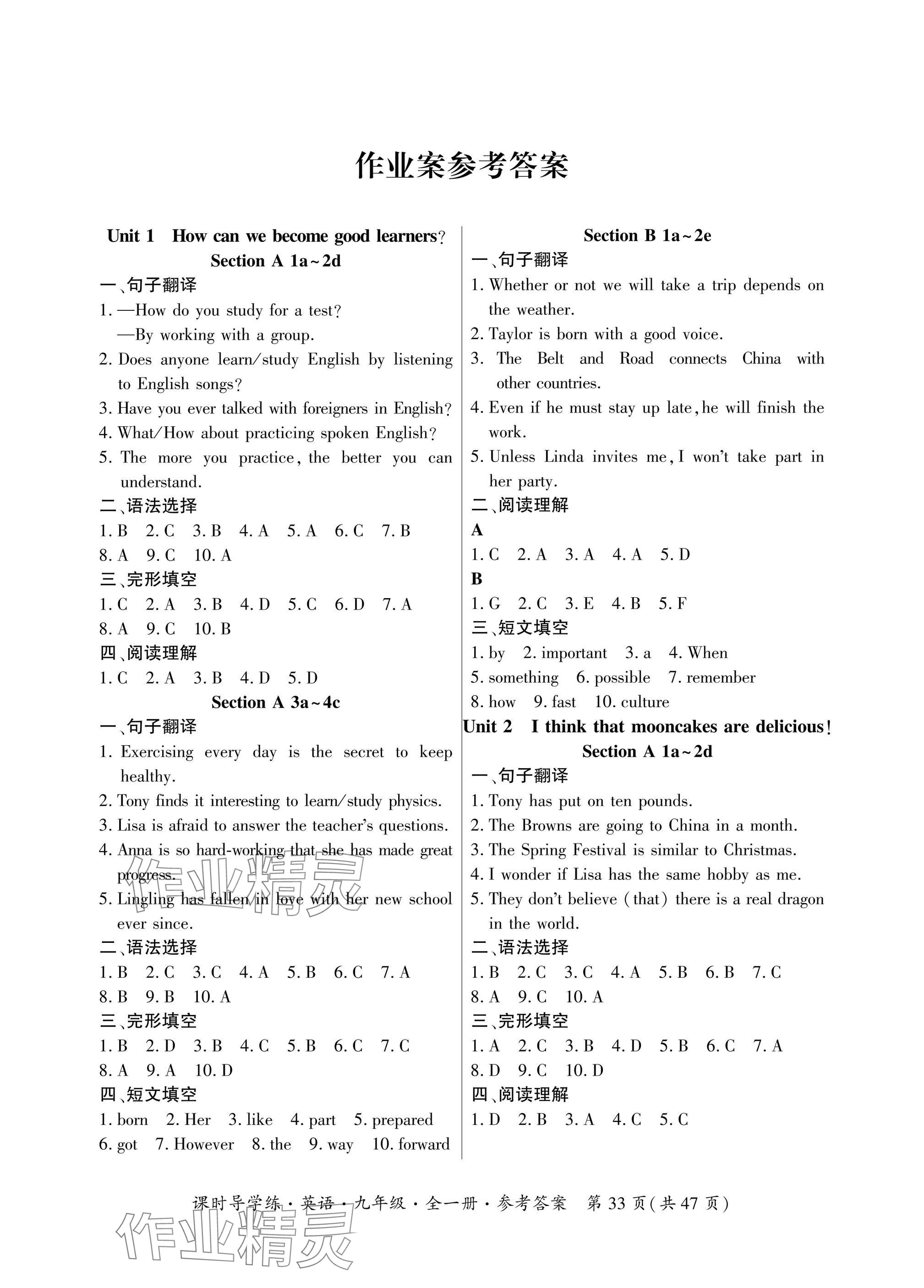 2024年課時導(dǎo)學(xué)練九年級英語全一冊人教版廣東專版 參考答案第33頁