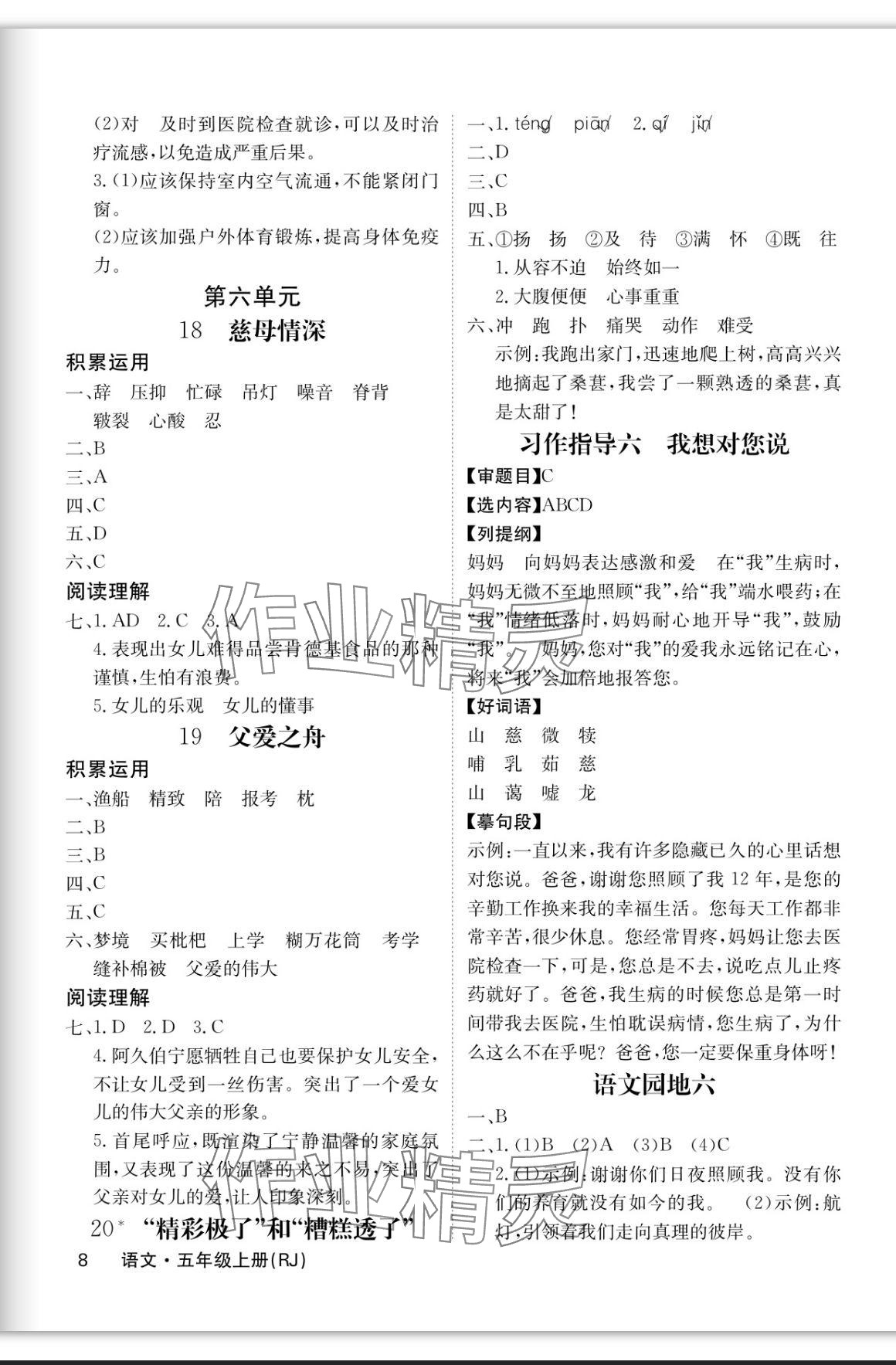 2023年課堂點睛五年級語文上冊人教版福建專版 參考答案第8頁