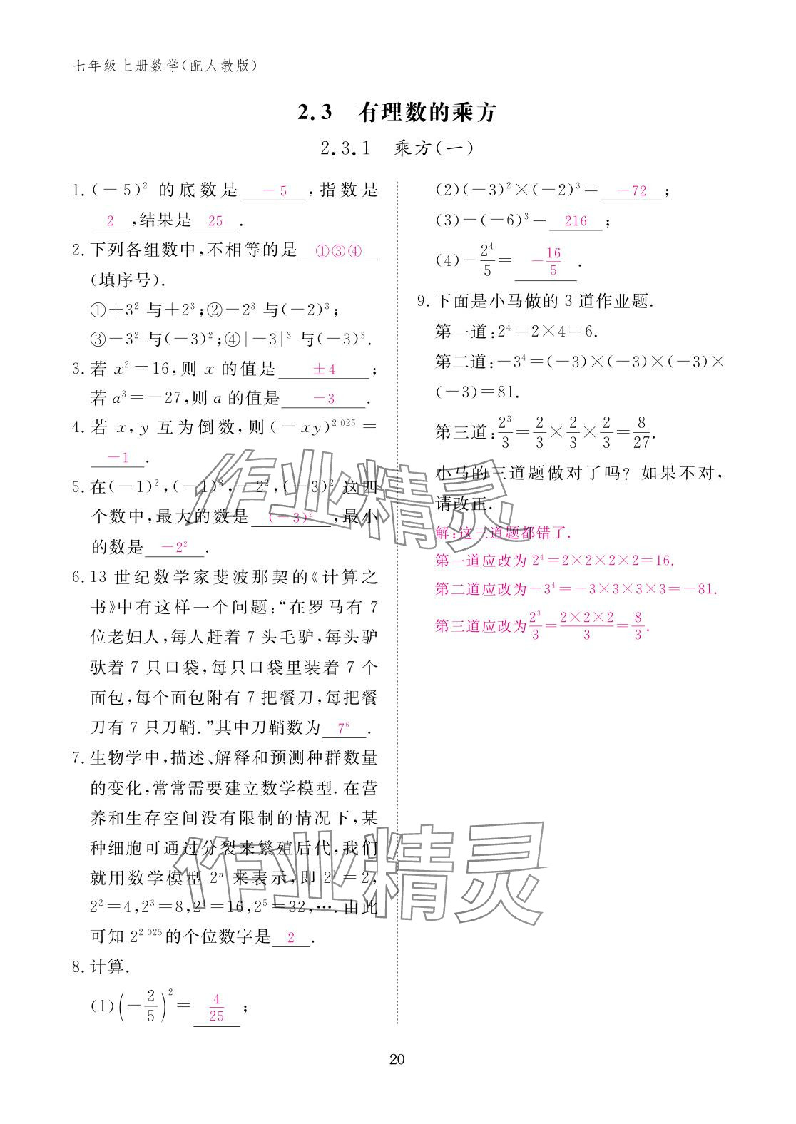 2025年作业本江西教育出版社七年级数学上册人教版 参考答案第20页