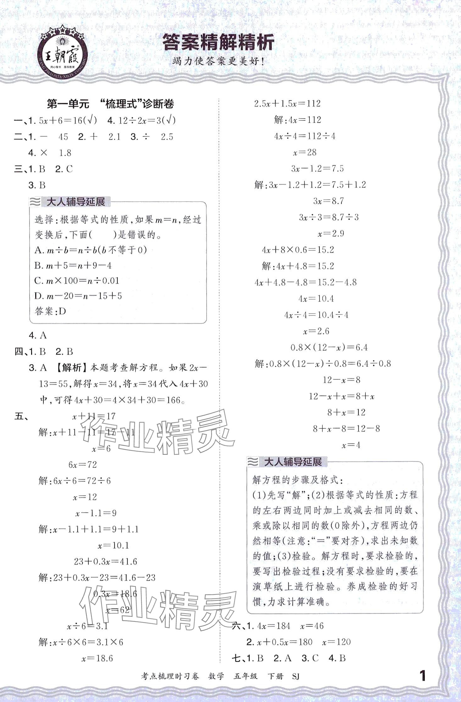 2024年王朝霞考点梳理时习卷五年级数学下册苏教版 第1页