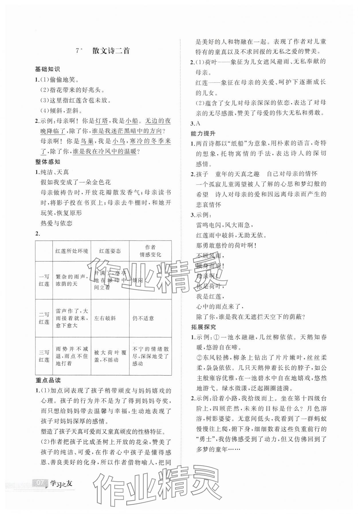 2024年学习之友七年级语文上册人教版 参考答案第7页