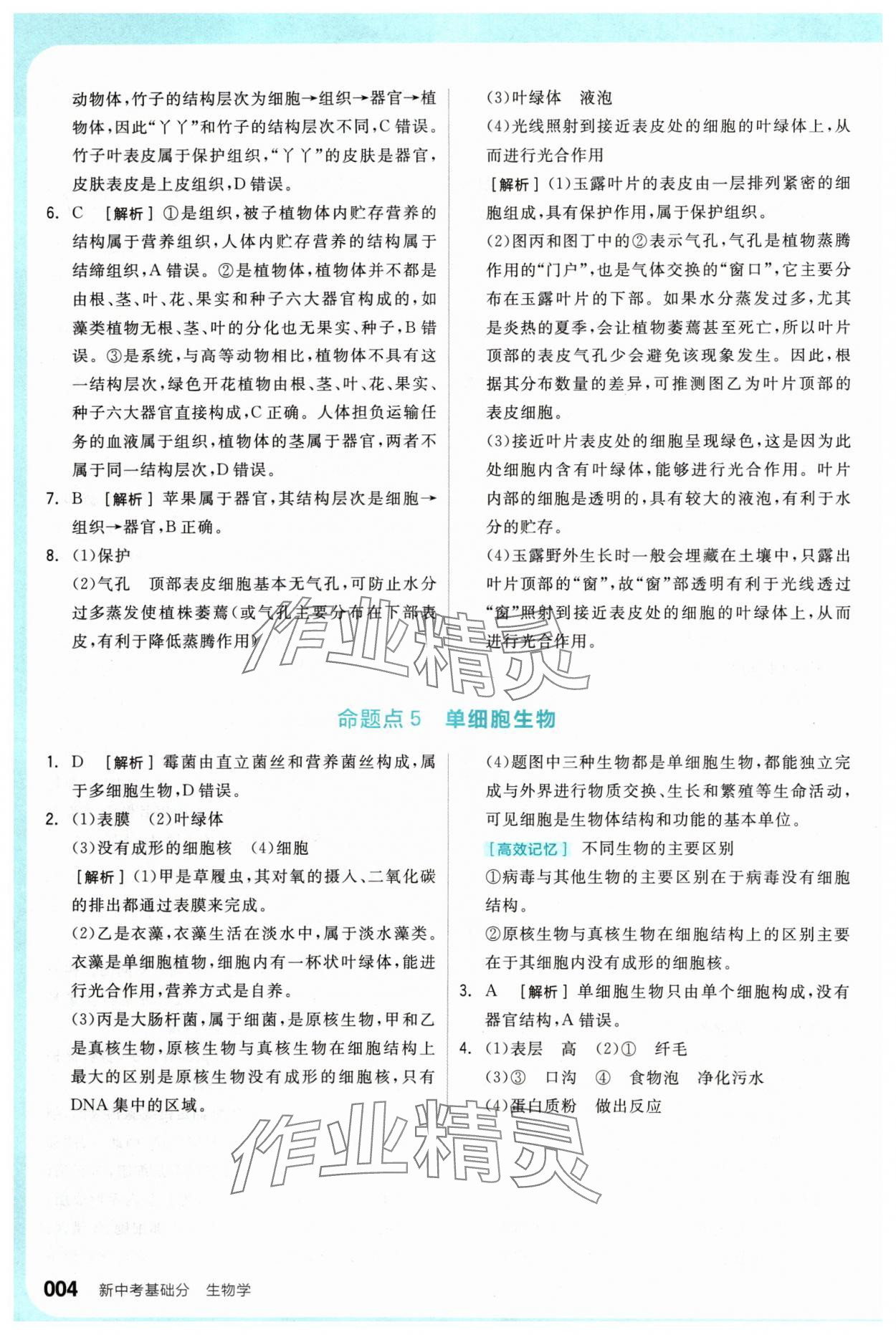 2024年全品新中考穩拿基礎分生物 參考答案第4頁