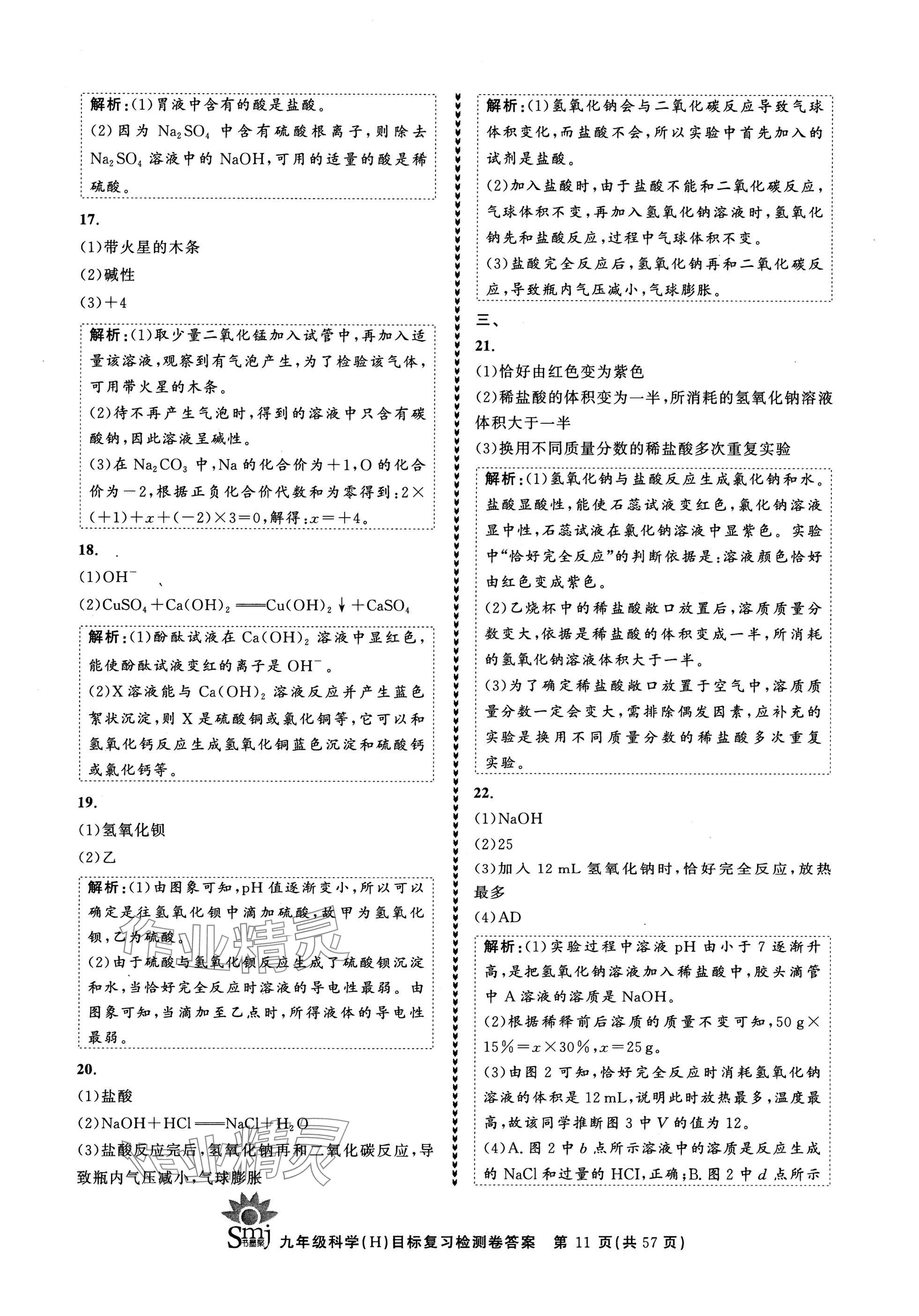 2024年目標(biāo)復(fù)習(xí)檢測卷九年級科學(xué)全一冊華師大版 參考答案第11頁