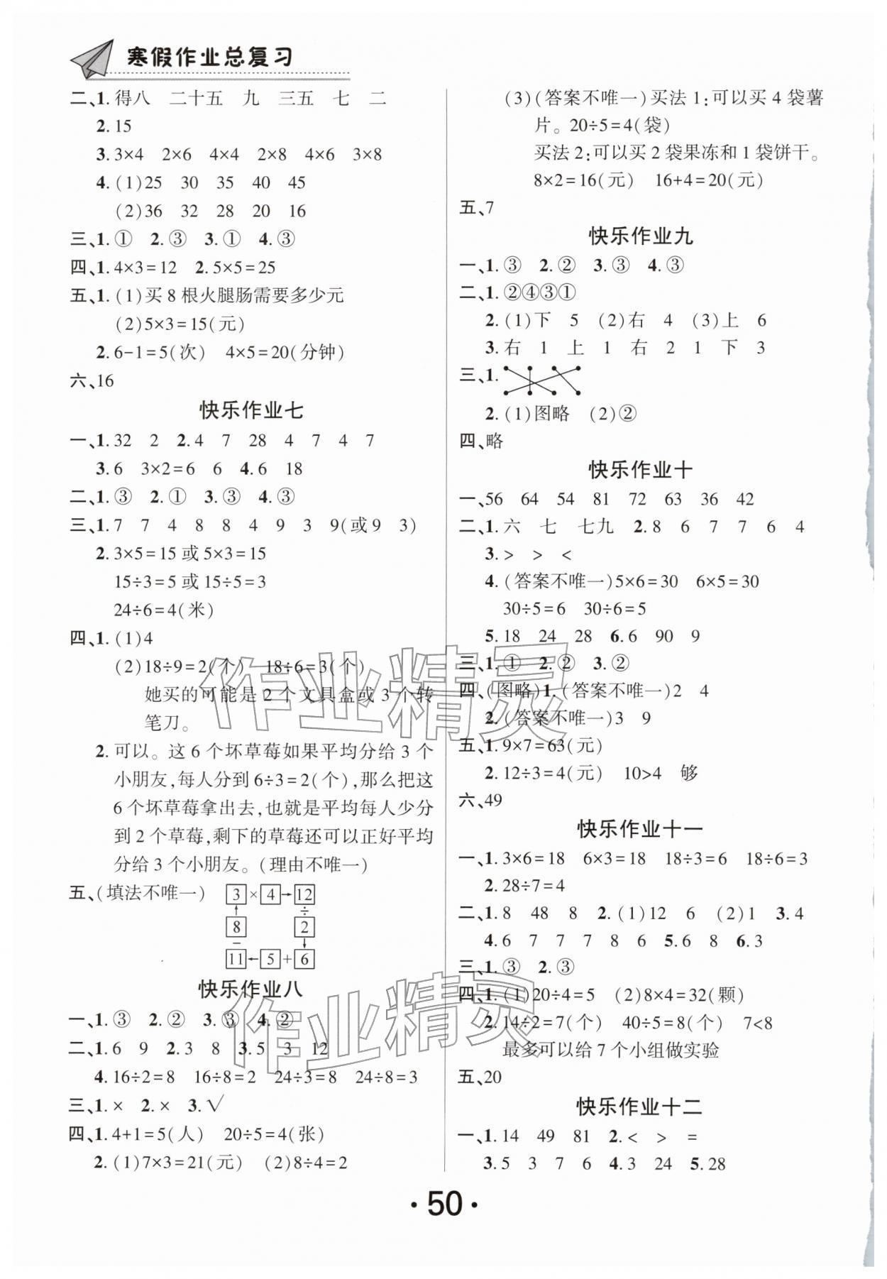 2026年快乐假期寒假作业总复习南方出版社二年级数学全一册北师大版&nbsp;第2页
