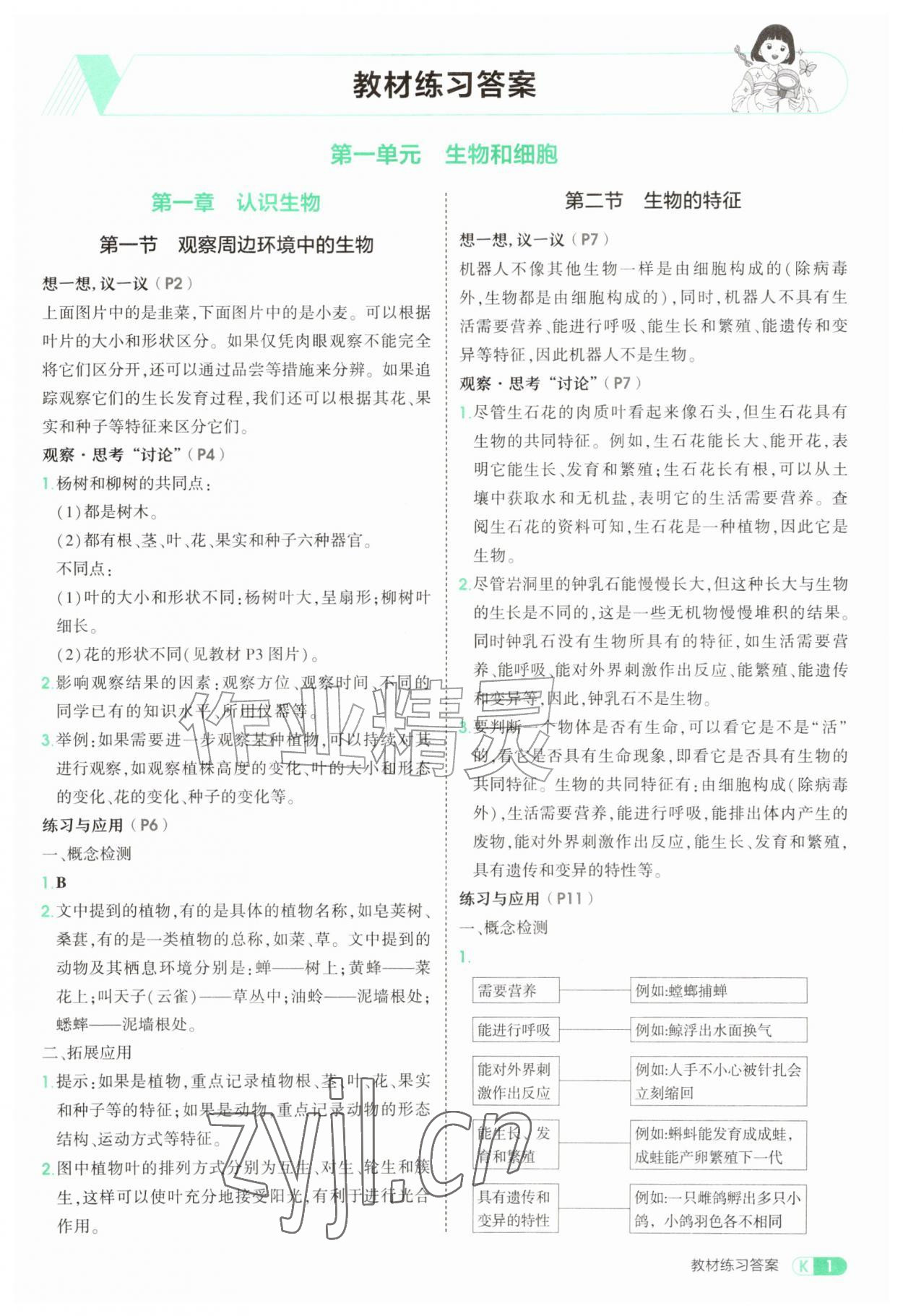 2026年教材课本七年级生物上册人教版&nbsp;参考答案第1页