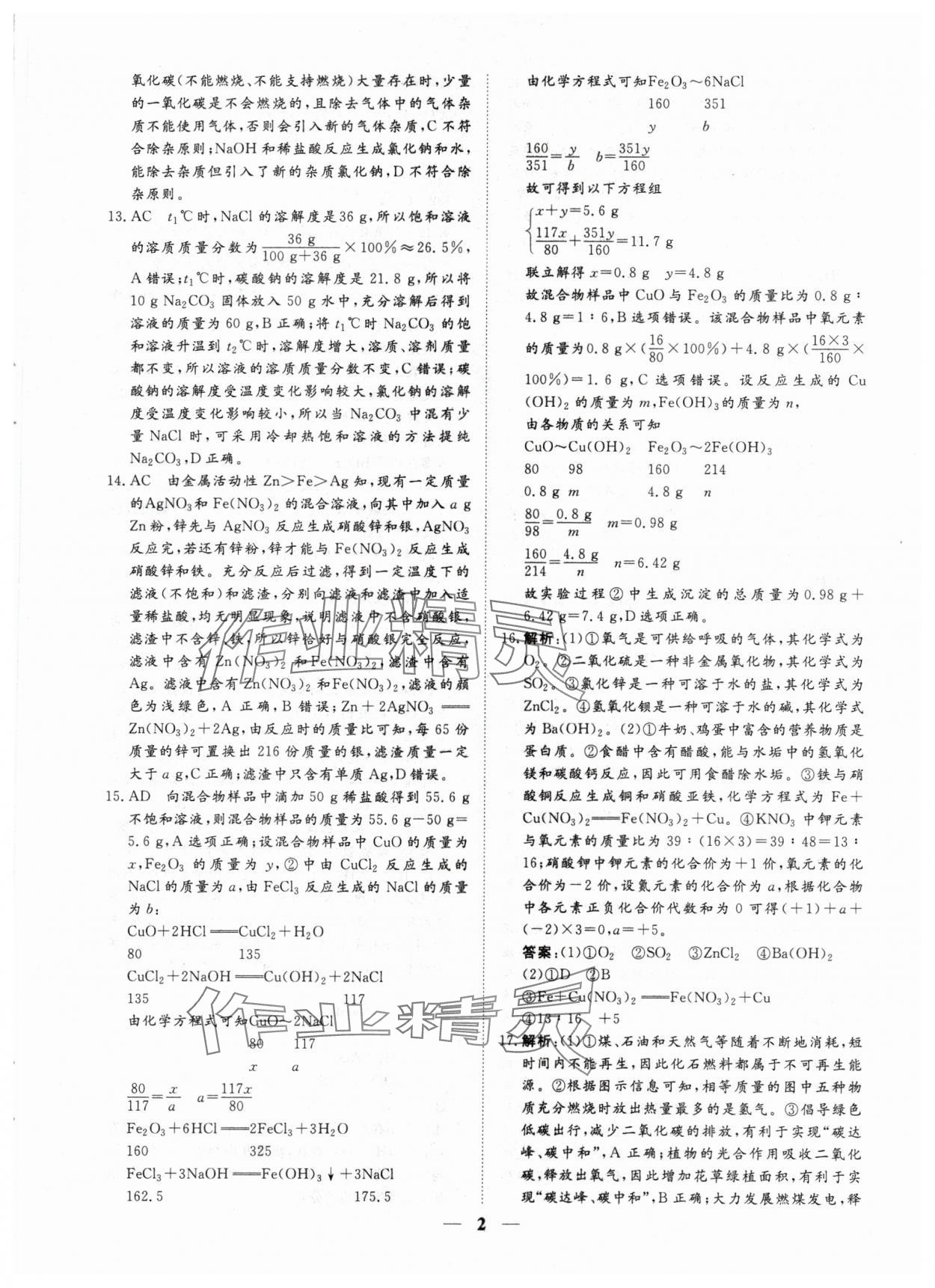 2024年風向標初中學業水平測試山東省各地市中考試題匯編化學 參考答案第2頁