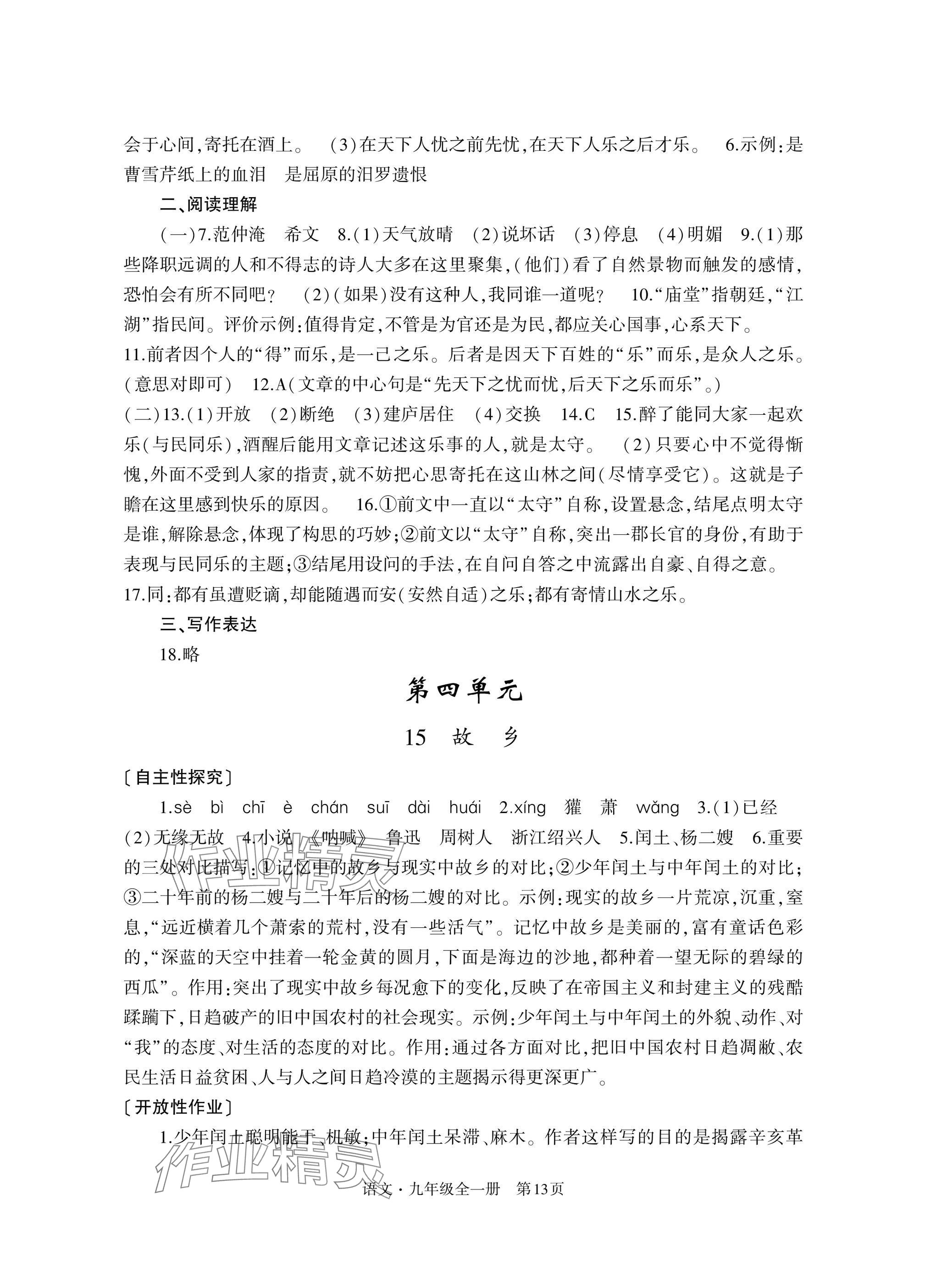 2024年自主學(xué)習(xí)指導(dǎo)課程與測(cè)試九年級(jí)語(yǔ)文全一冊(cè)人教版 參考答案第13頁(yè)