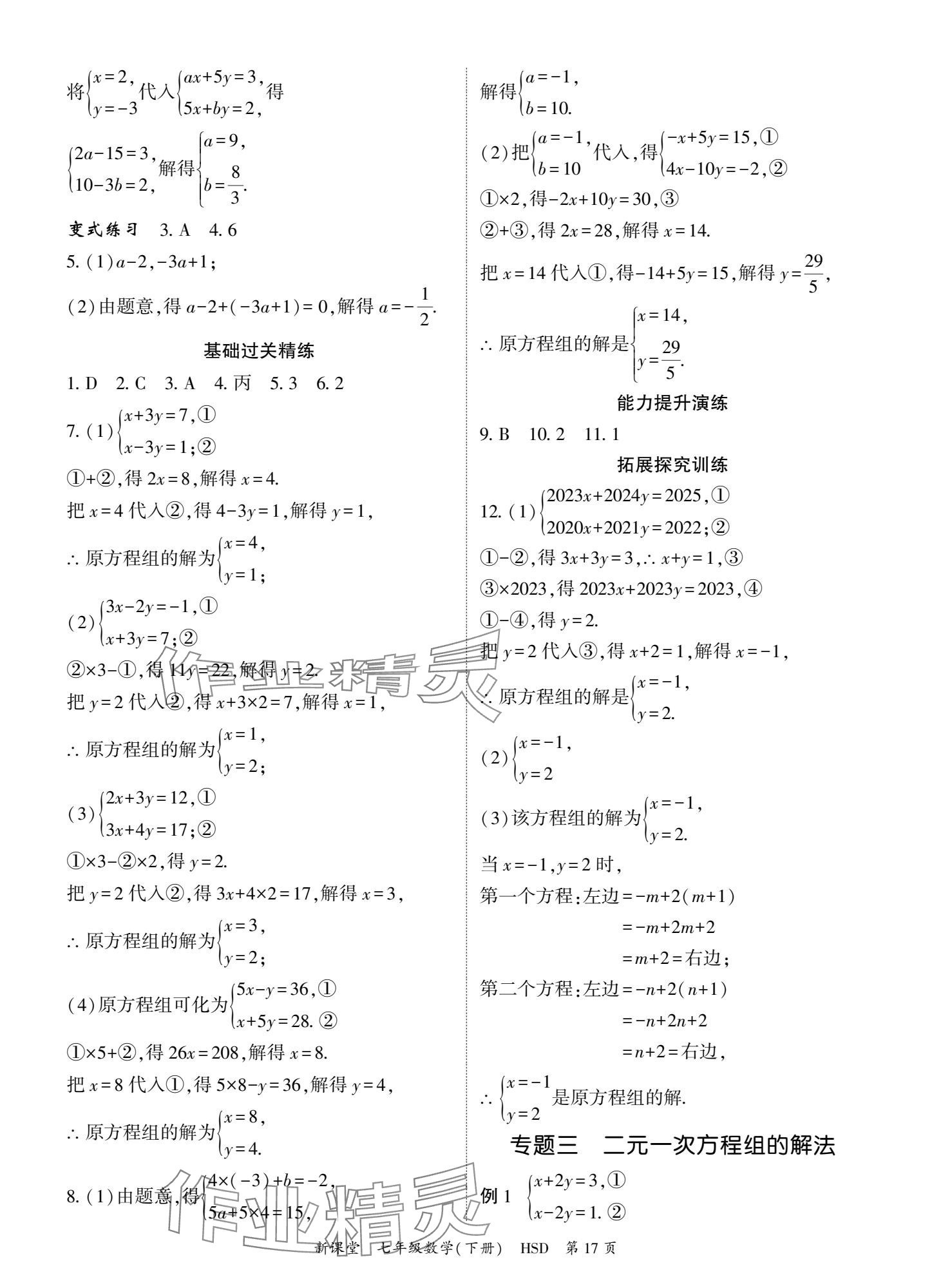 2025年啟航新課堂七年級數學下冊華師大版 參考答案第17頁