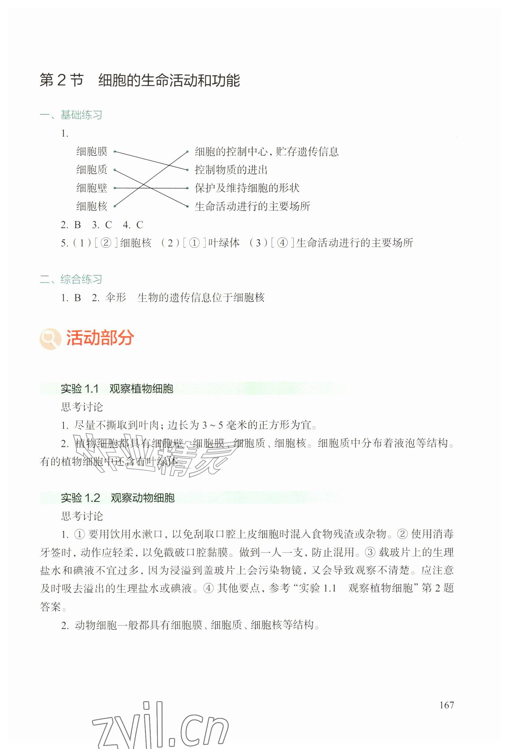 2026年综合活动手册七年级生物上册沪教版五四制&nbsp;参考答案第2页