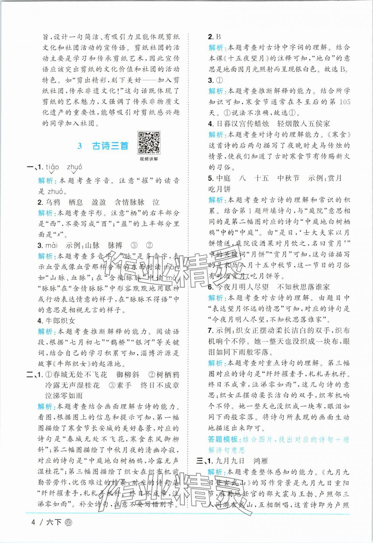 2025年阳光同学课时优化作业六年级语文下册人教版菏泽专版 参考答案第4页