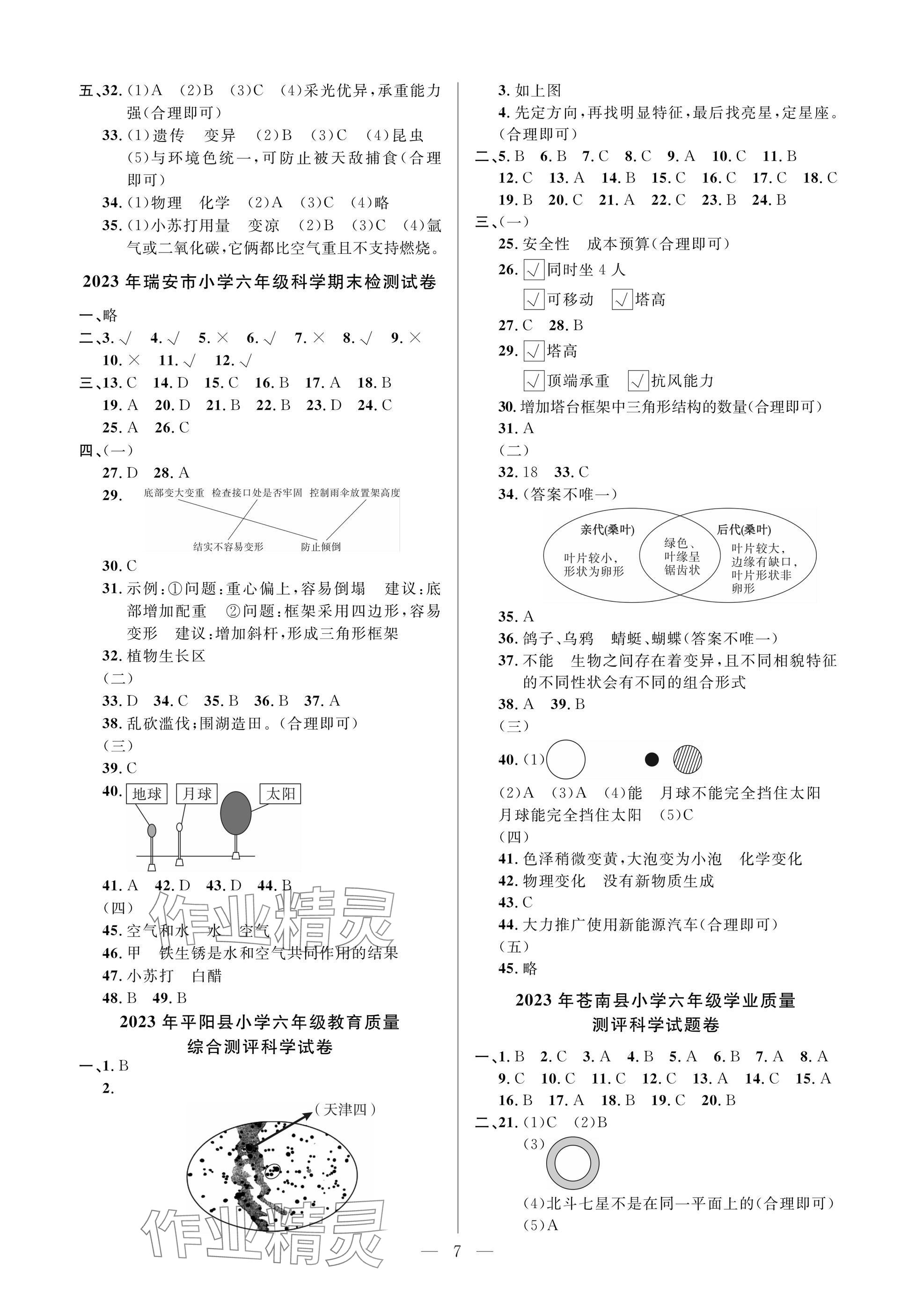 2025年小學(xué)畢業(yè)特訓(xùn)卷科學(xué)溫州專版 參考答案第7頁(yè)