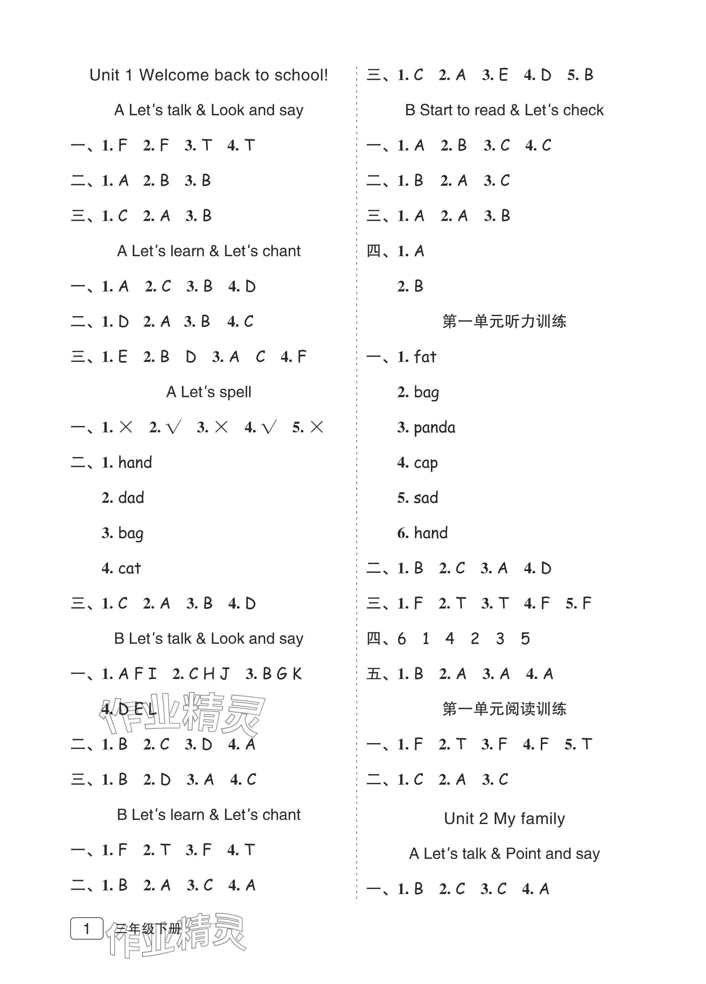 2024年名師面對面先學(xué)后練三年級英語下冊人教版評議教輔 參考答案第1頁