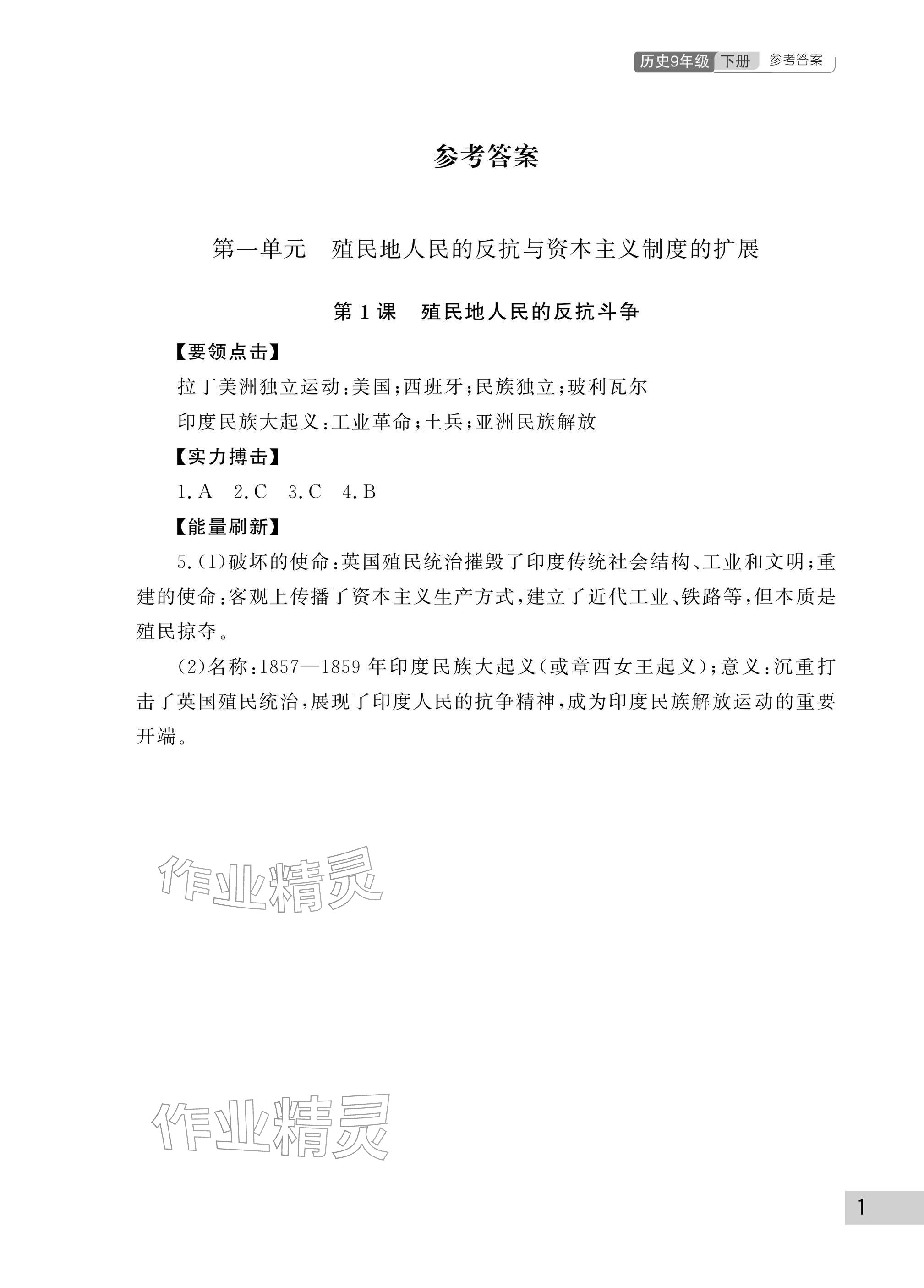 2026年课堂作业武汉出版社九年级历史下册人教版&nbsp;参考答案第1页