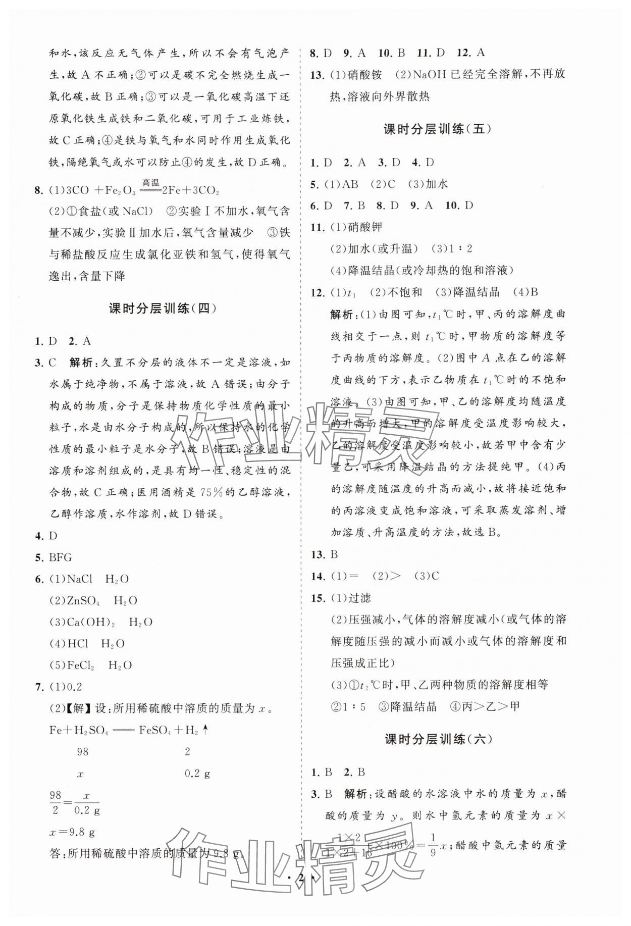 2025年同步练习册分层卷九年级化学下册人教版 参考答案第2页