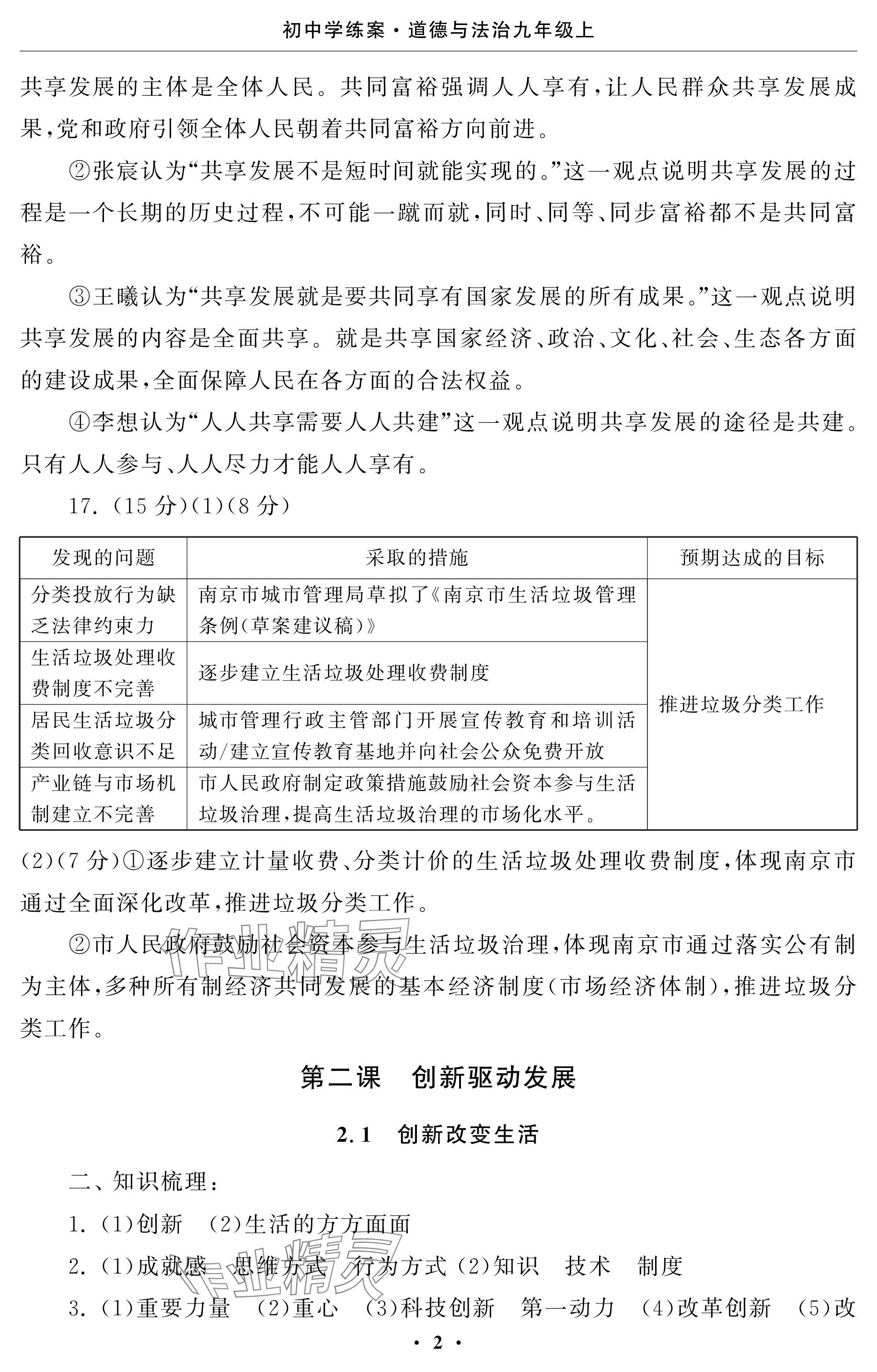 2024年初中學練案九年級道德與法治上冊人教版 參考答案第2頁