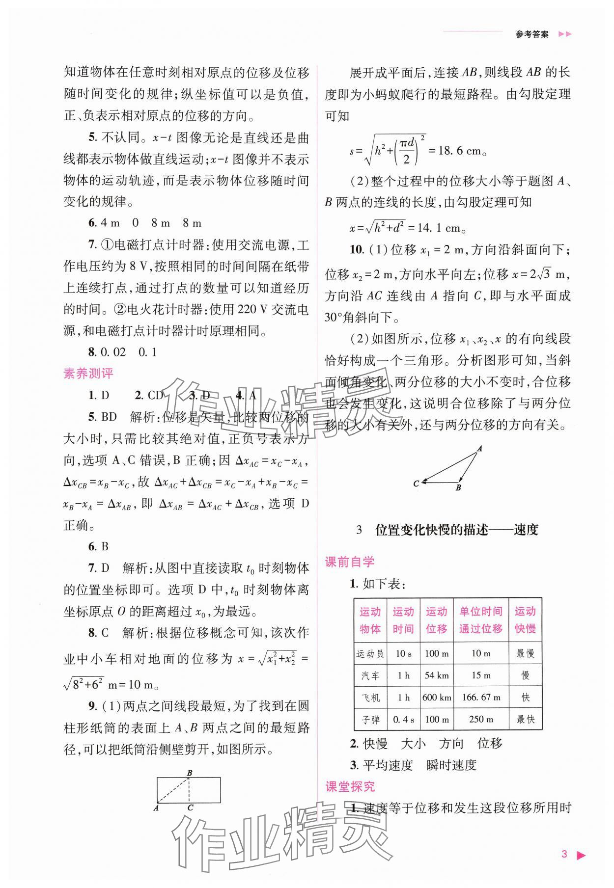 2024年普通高中新课程同步练习册高中物理必修第一册人教版 参考答案第3页