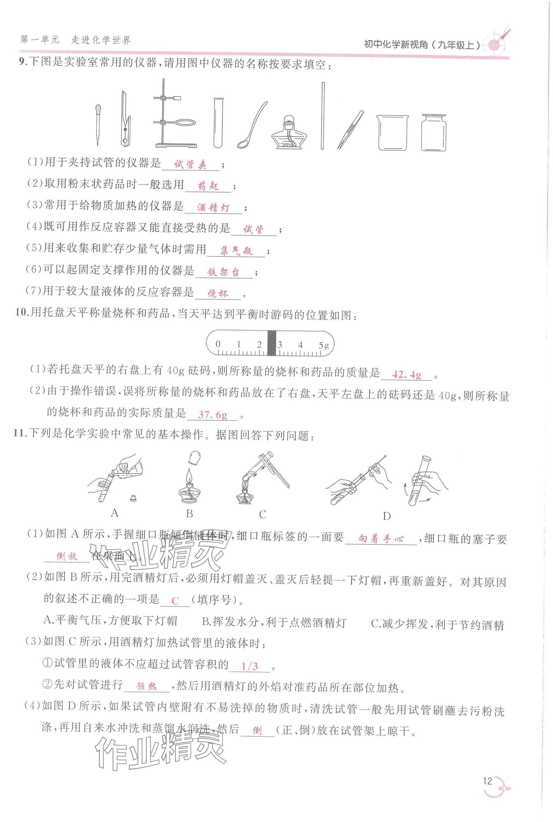 2025年新视角教辅系列丛书九年级化学上册人教版 参考答案第12页