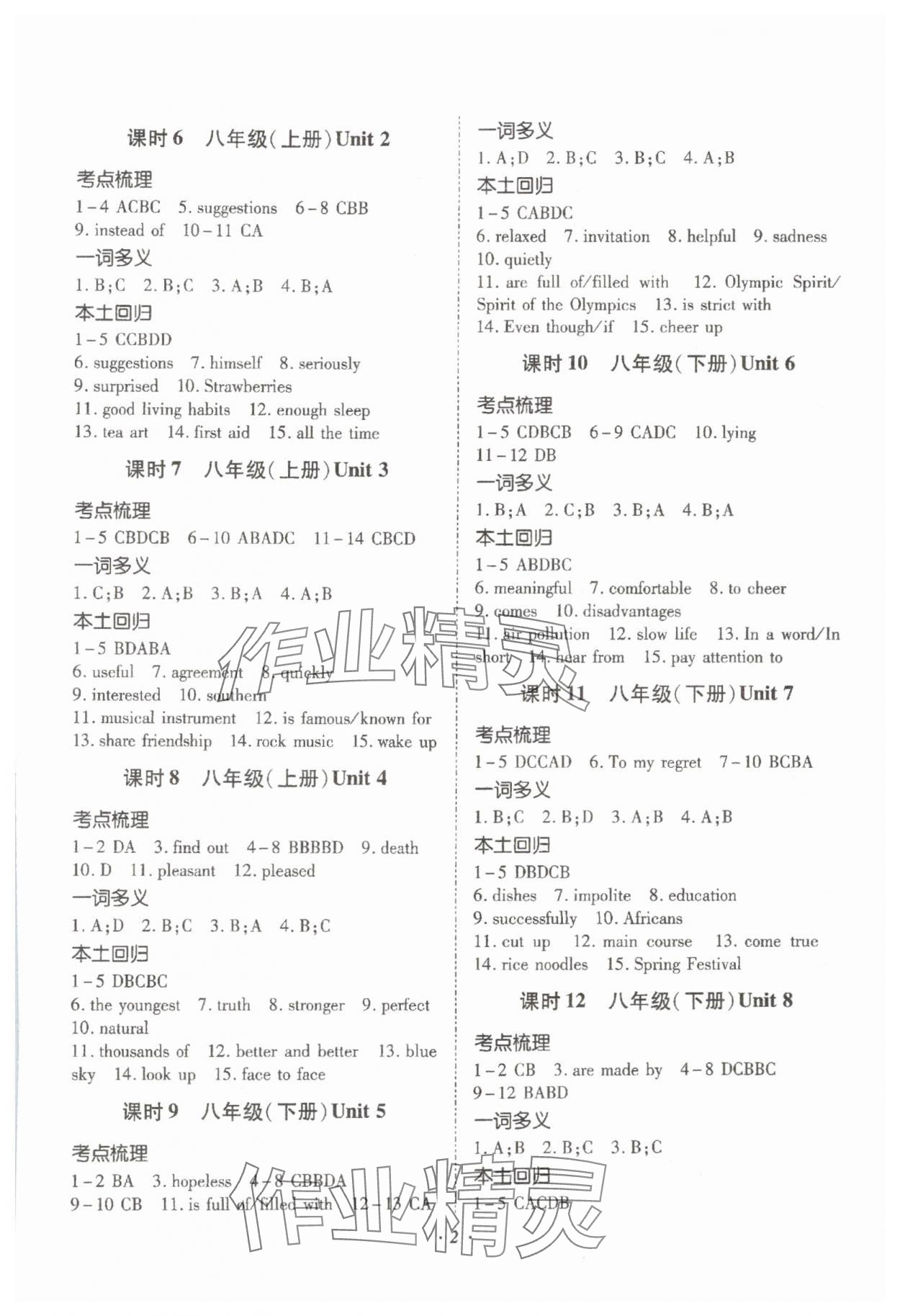 2024年本土攻略精准复习方案英语云南专版 参考答案第2页