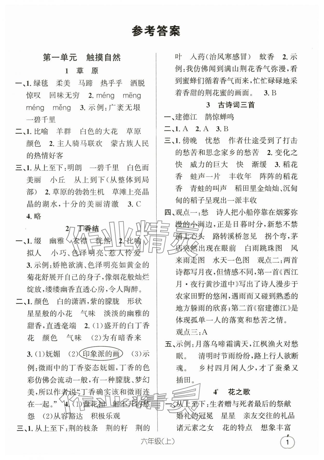 2025年语文要素天天练六年级上册人教版浙江专版 参考答案第1页