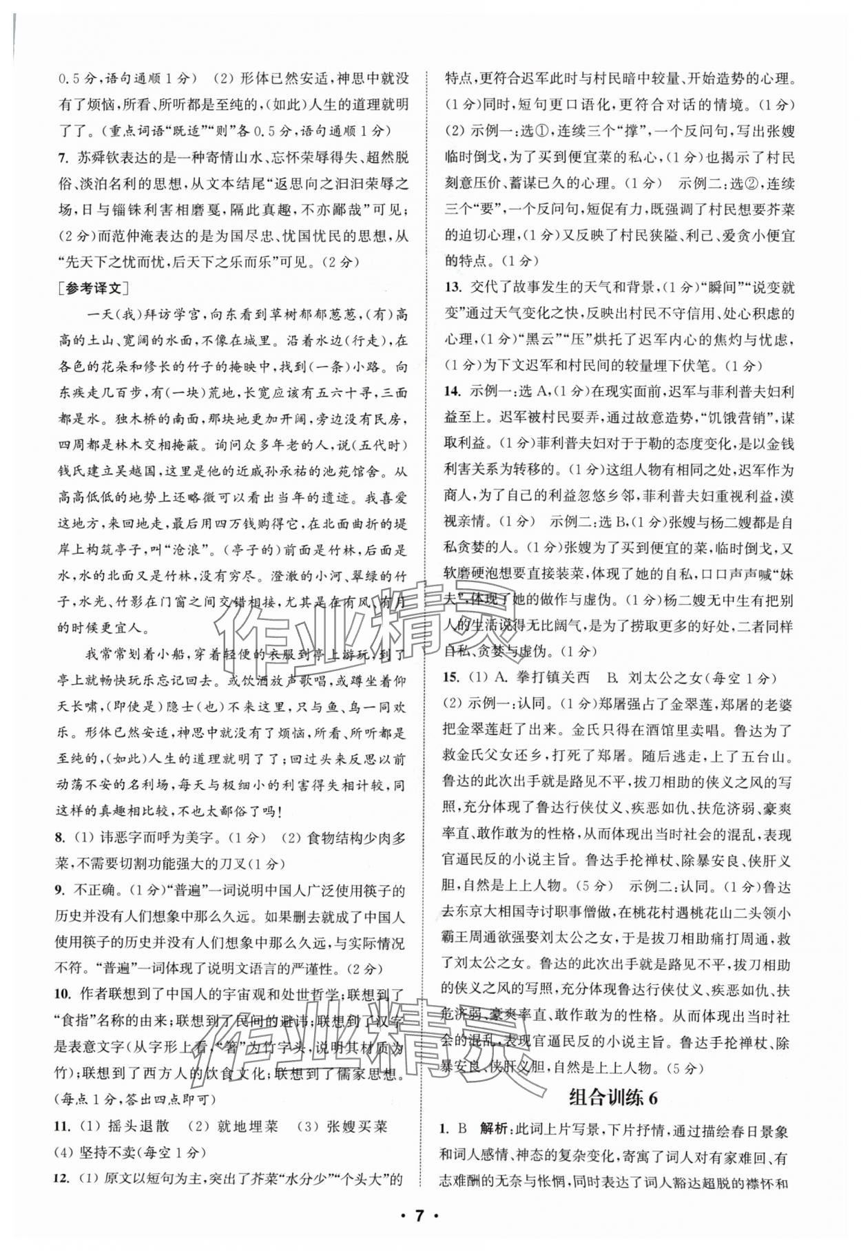 2024年通城学典初中语文阅读组合训练九年级苏州专版 参考答案第7页