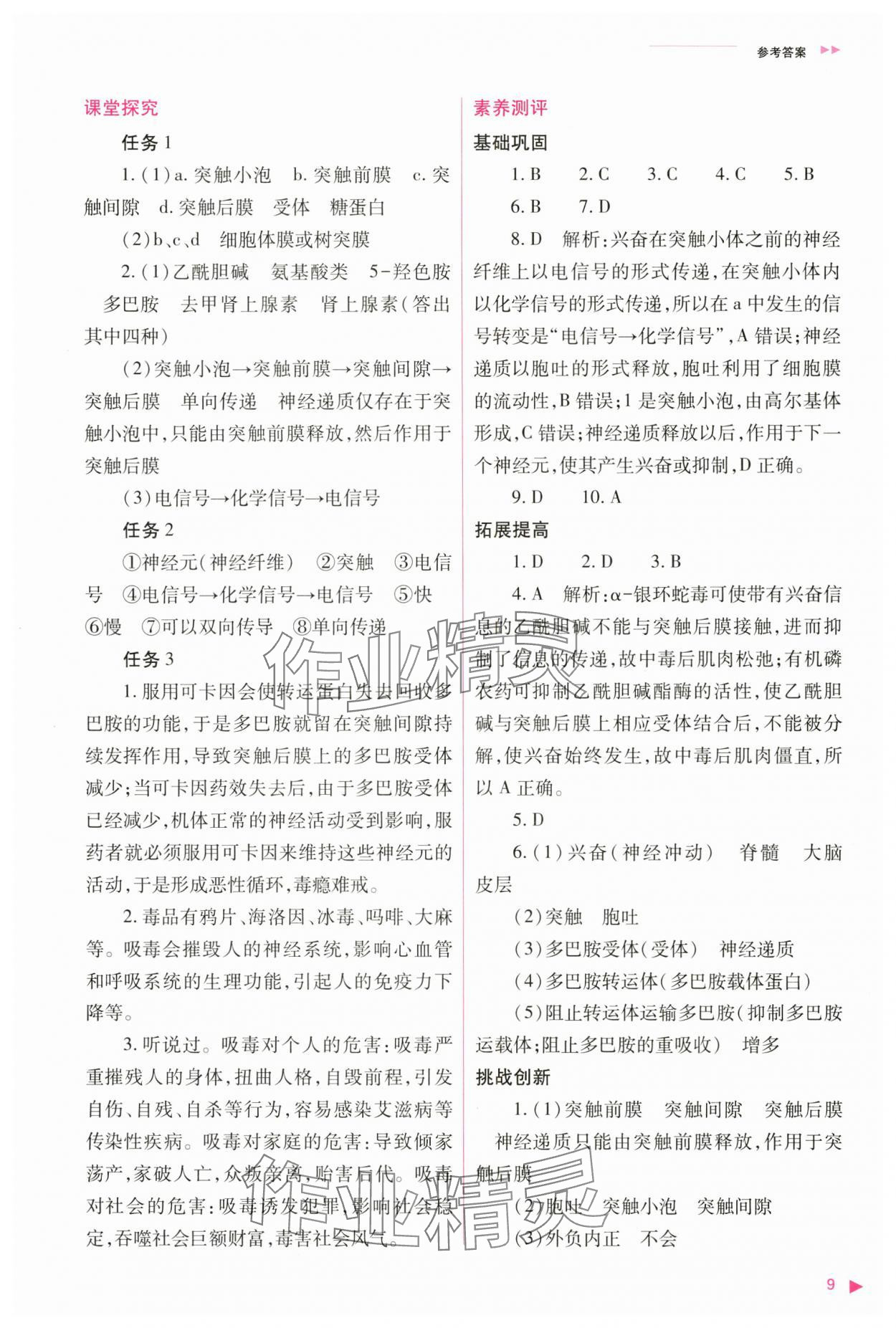 2024年普通高中新課程同步練習冊高中生物選擇性必修1人教版 參考答案第9頁