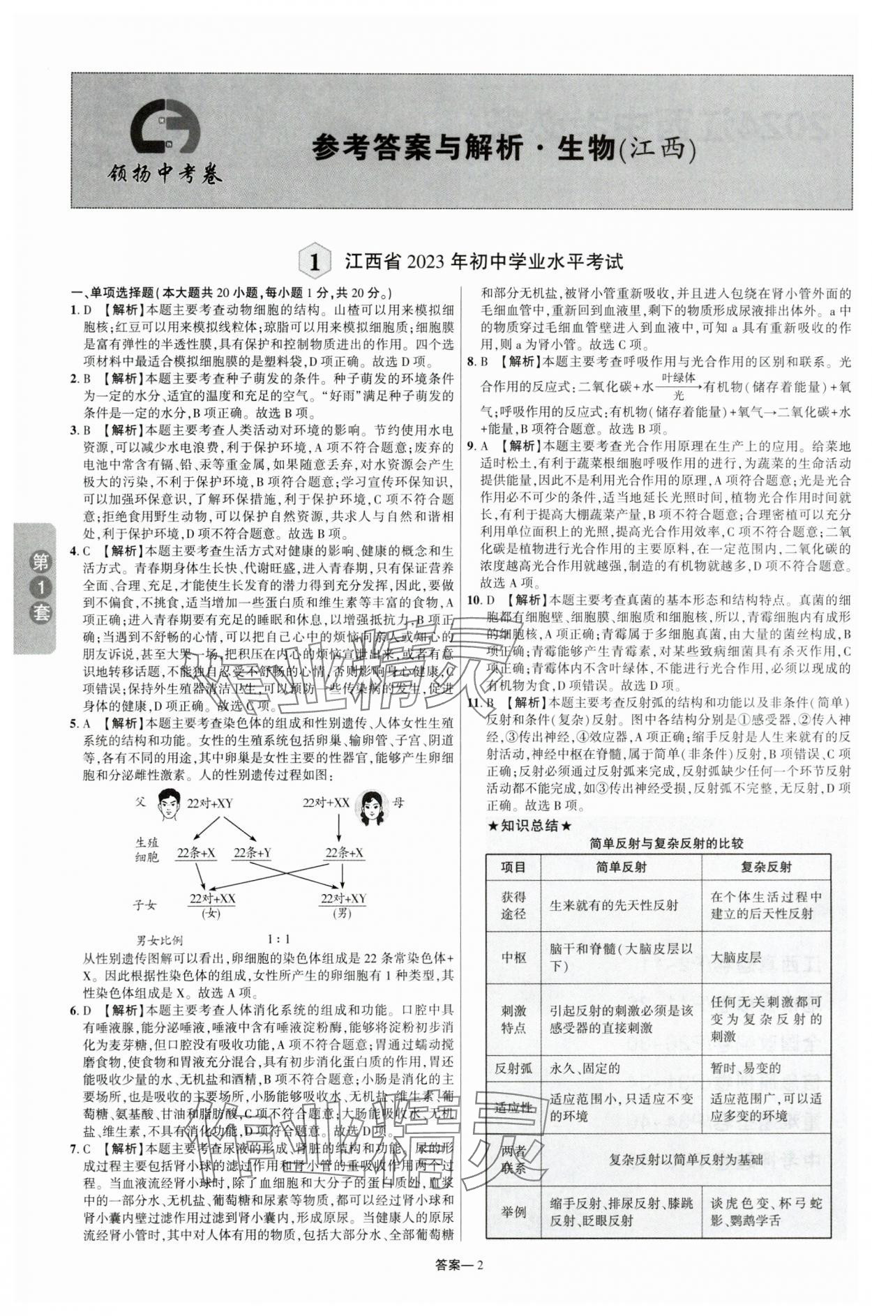 2024年領(lǐng)揚(yáng)中考卷生物江西專版 參考答案第1頁(yè)