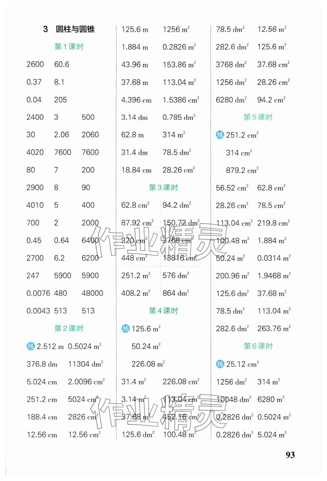 2025年小学学霸口算六年级数学下册人教版 参考答案第3页