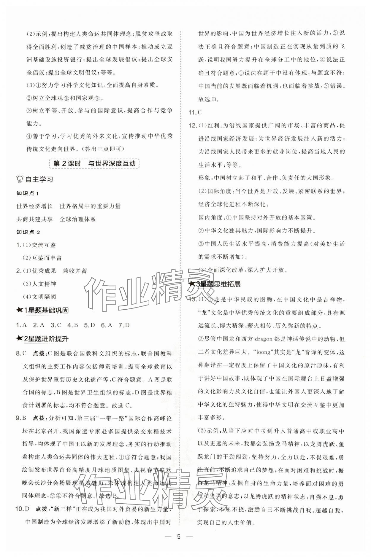 2025年點撥訓練九年級道德與法治下冊人教版山西專版 參考答案第5頁