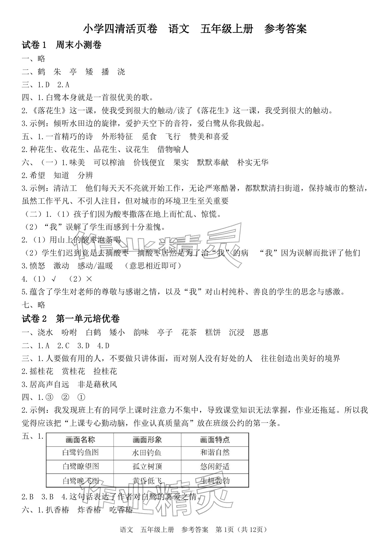 2025年四清活页卷五年级语文上册人教版&nbsp;参考答案第1页
