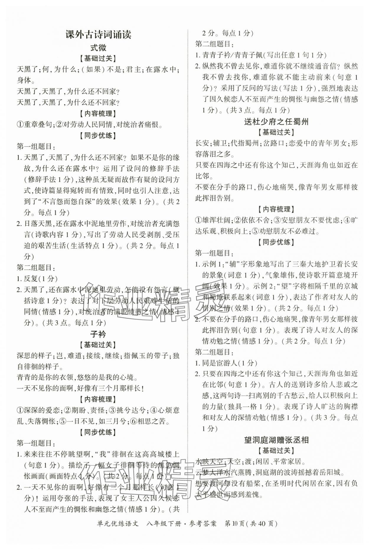 2025年單元優(yōu)練八年級(jí)語(yǔ)文下冊(cè)人教版廣州專版 參考答案第10頁(yè)