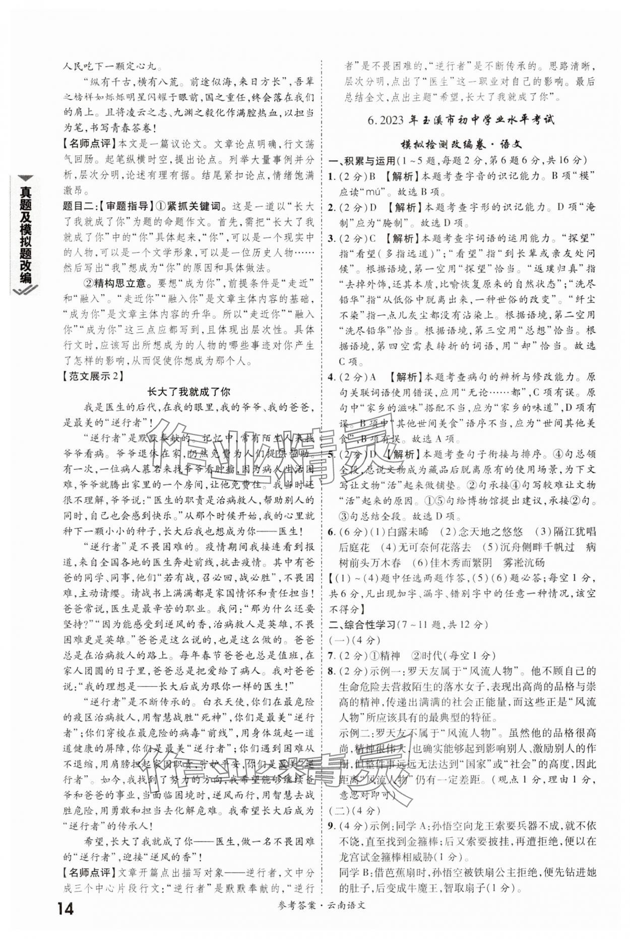 2024年一戰(zhàn)成名中考真題與拓展訓(xùn)練語(yǔ)文全云南專(zhuān)版 參考答案第13頁(yè)